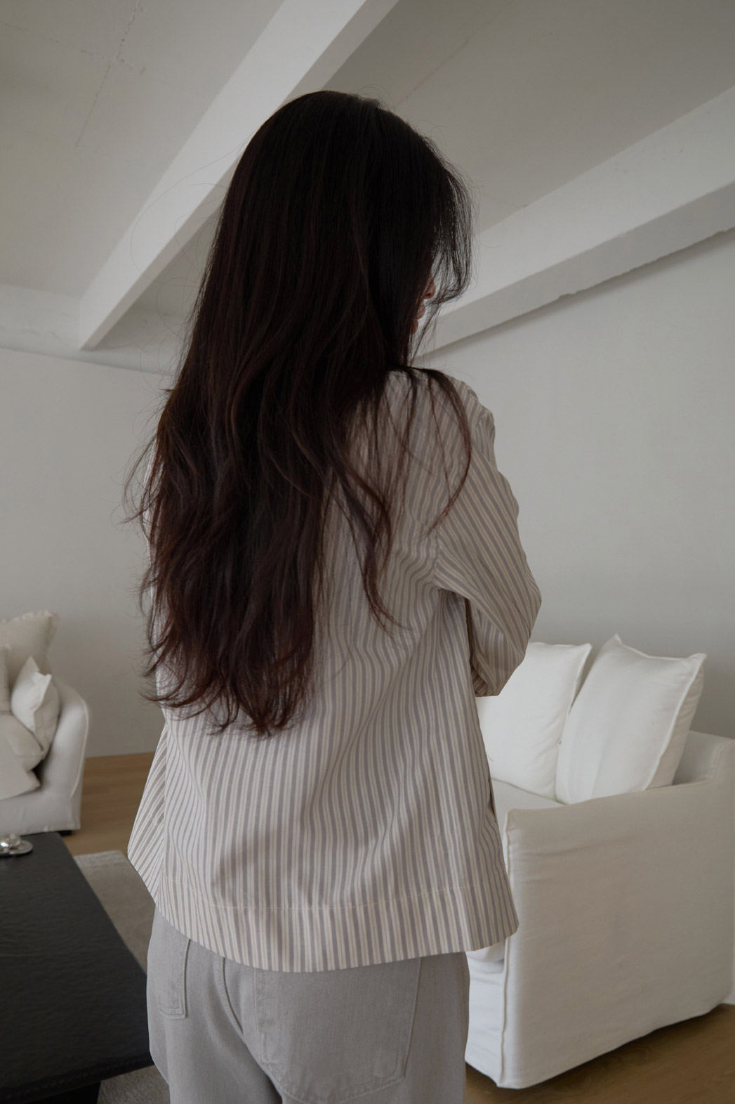 コットンハイネックベーシックセミクロップドストライプチェックジャンパー春夏秋 | 詳細画像7