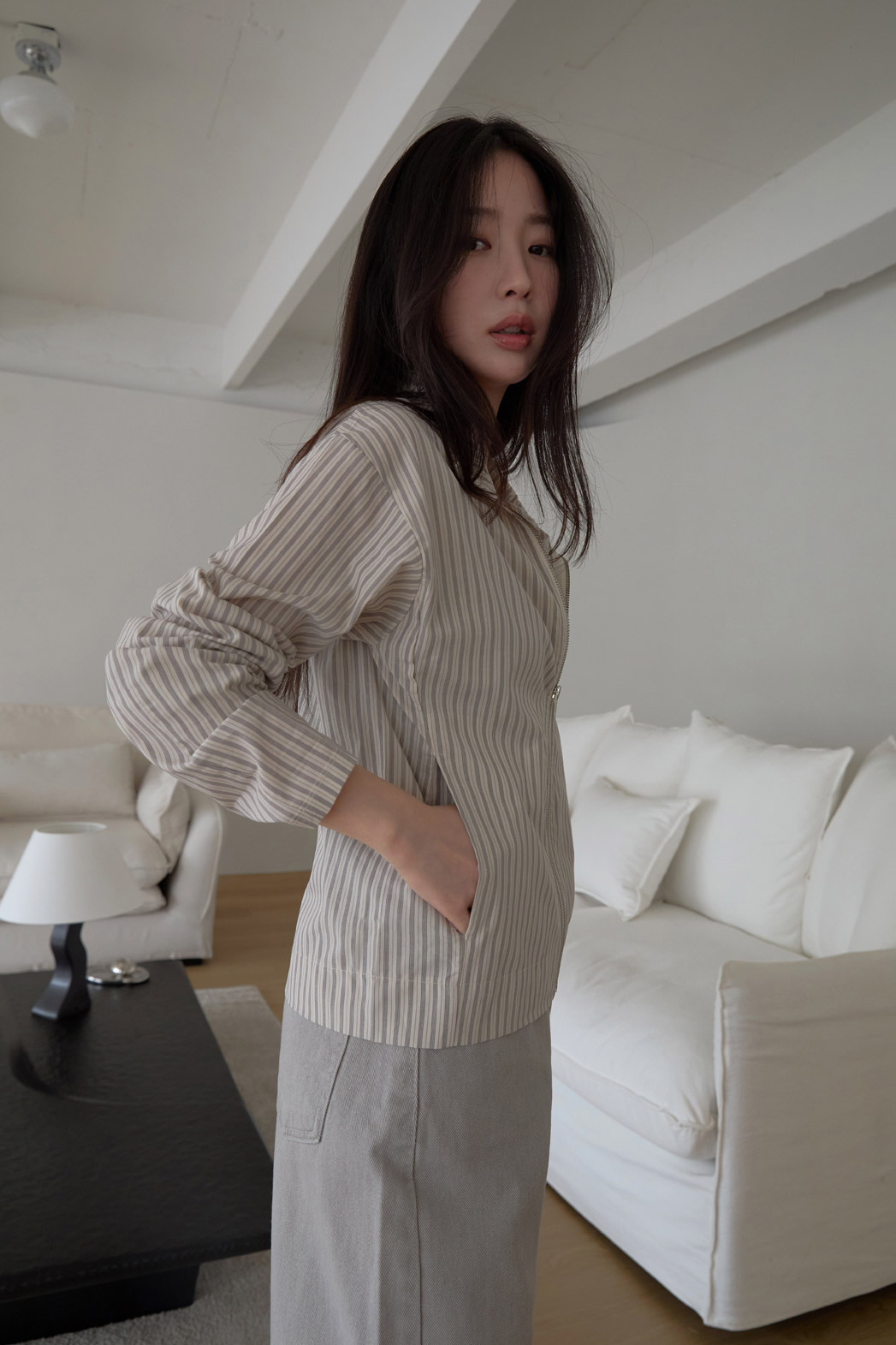 コットンハイネックベーシックセミクロップドストライプチェックジャンパー春夏秋 | 詳細画像8