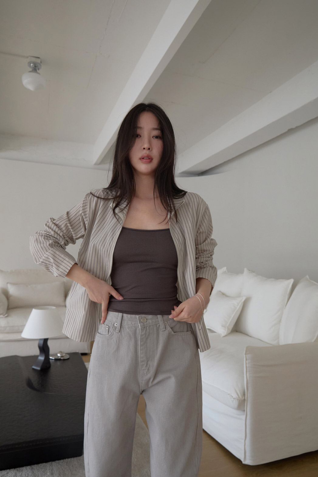 コットンハイネックベーシックセミクロップドストライプチェックジャンパー春夏秋 | 詳細画像10