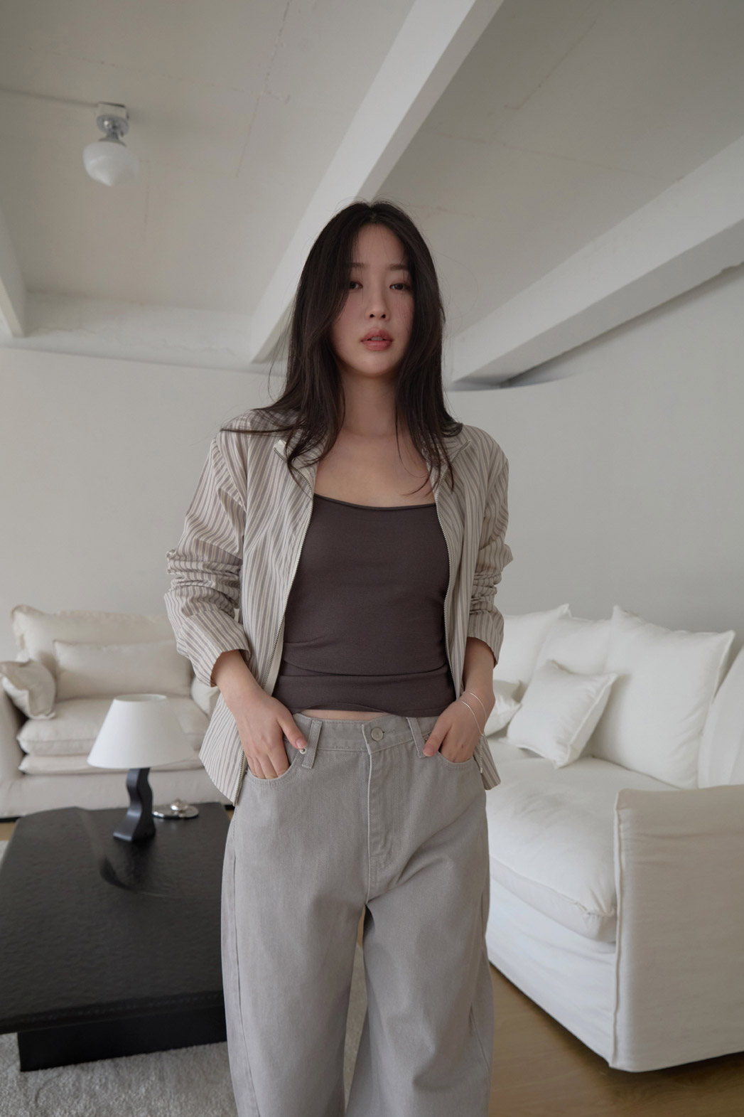 コットンハイネックベーシックセミクロップドストライプチェックジャンパー春夏秋 | 詳細画像11