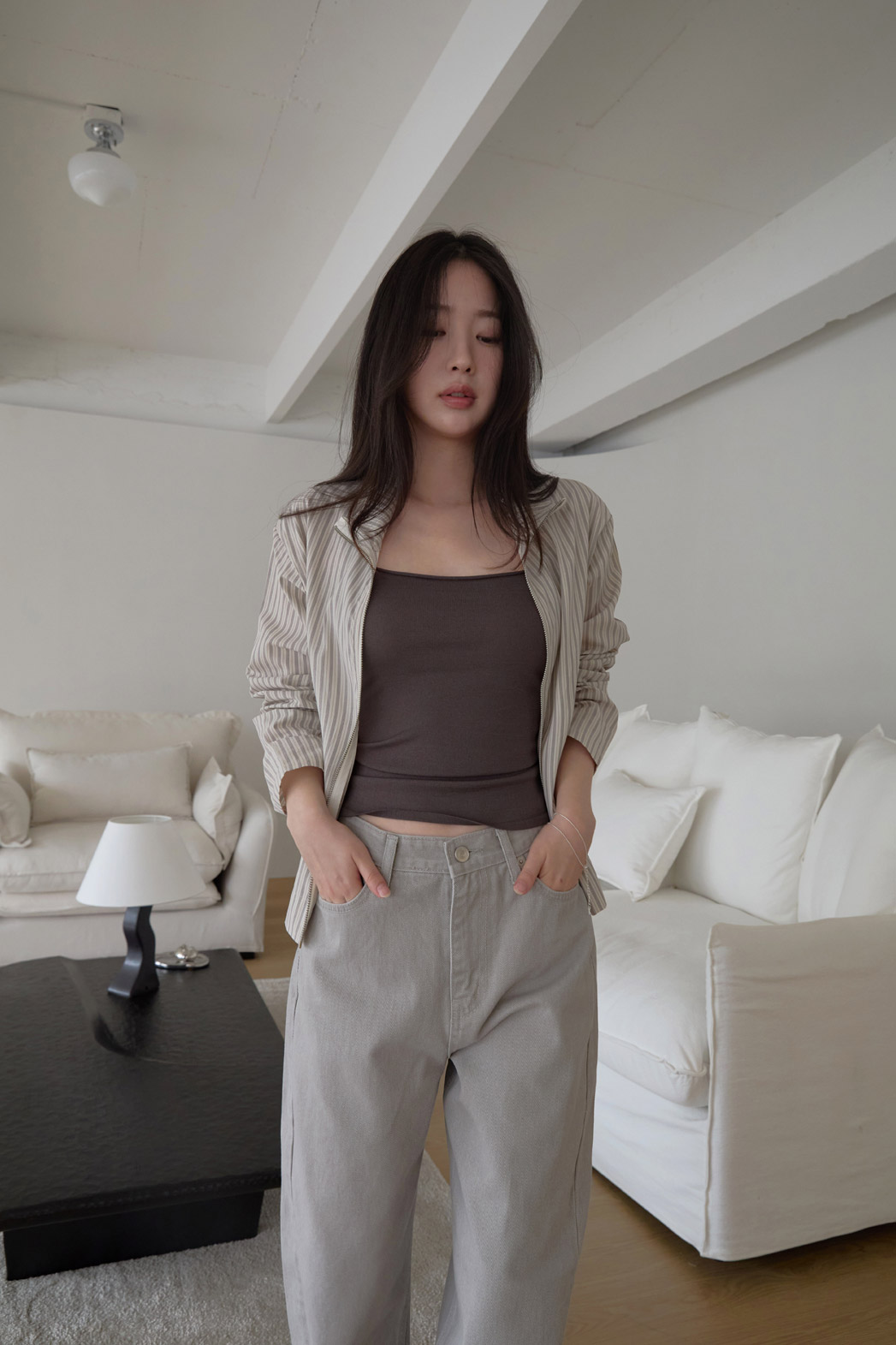 コットンハイネックベーシックセミクロップドストライプチェックジャンパー春夏秋 | 詳細画像12