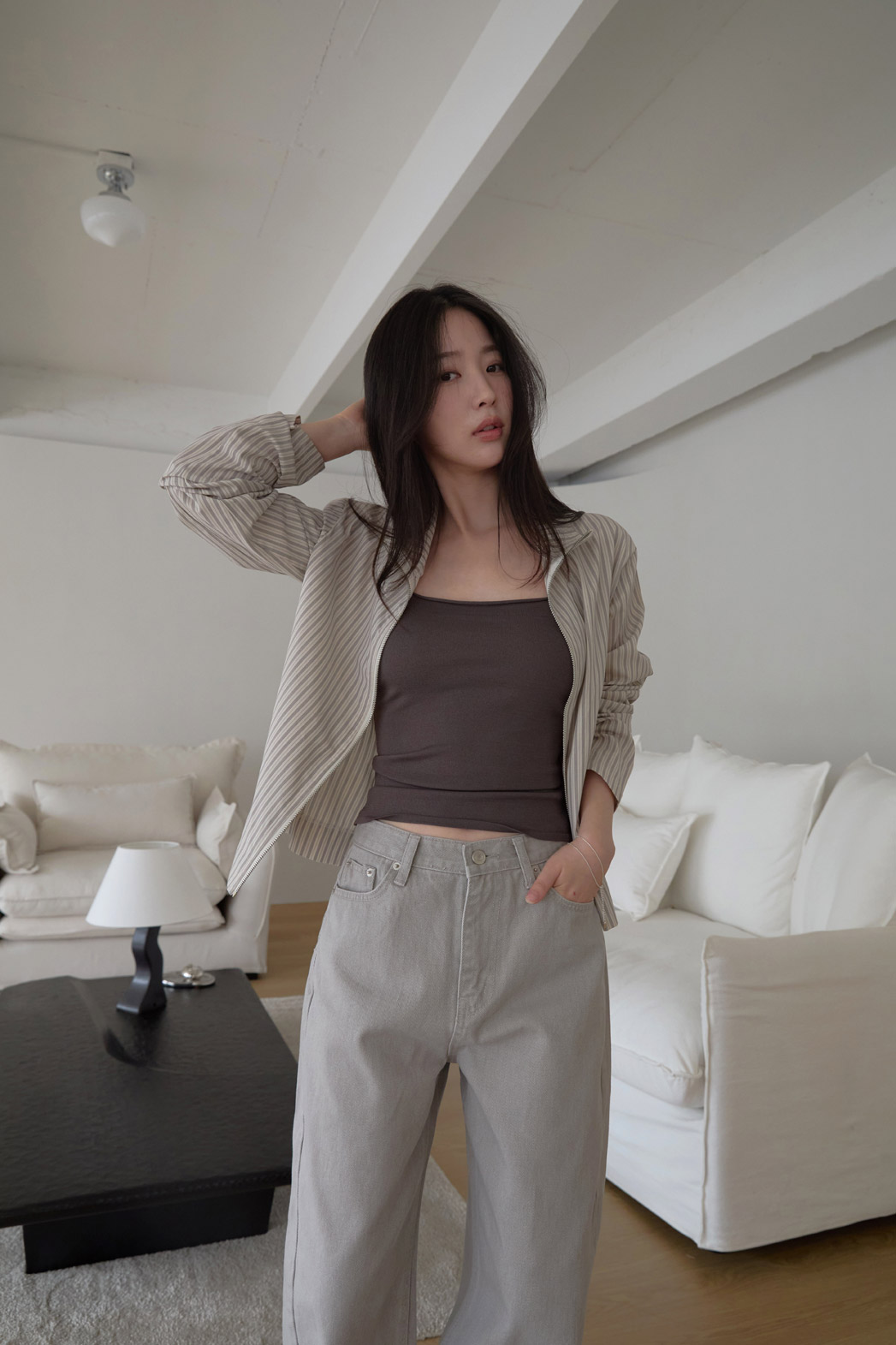 コットンハイネックベーシックセミクロップドストライプチェックジャンパー春夏秋 | 詳細画像13