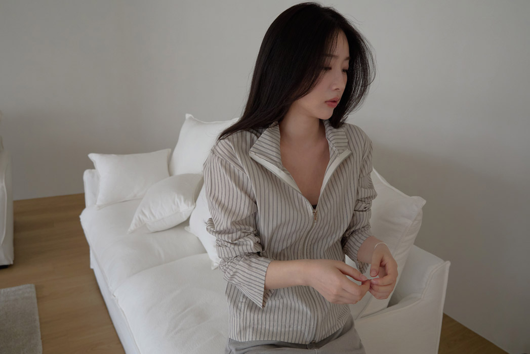 コットンハイネックベーシックセミクロップドストライプチェックジャンパー春夏秋 | 詳細画像15