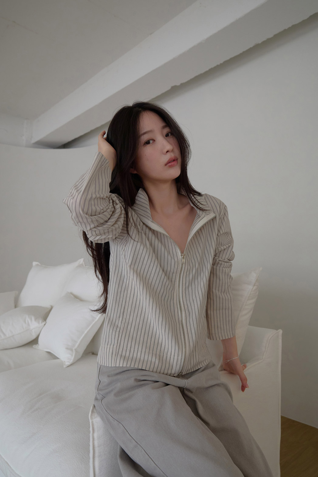 コットンハイネックベーシックセミクロップドストライプチェックジャンパー春夏秋 | 詳細画像16