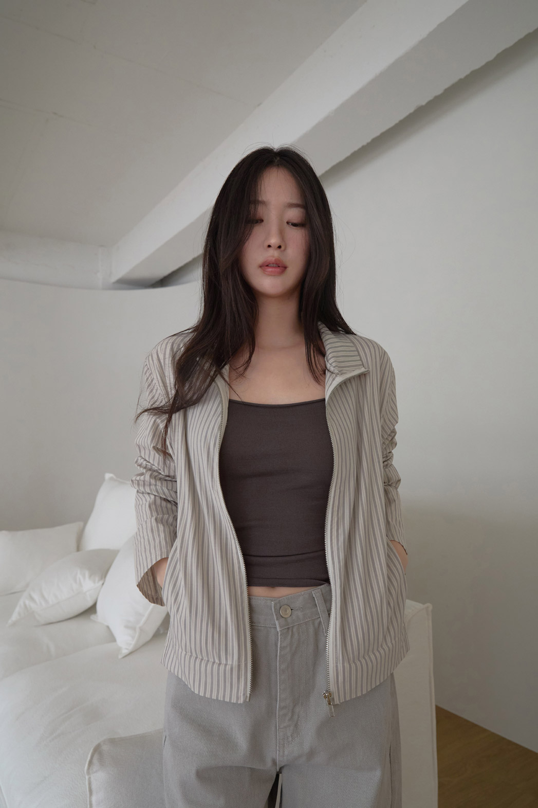 コットンハイネックベーシックセミクロップドストライプチェックジャンパー春夏秋 | 詳細画像17