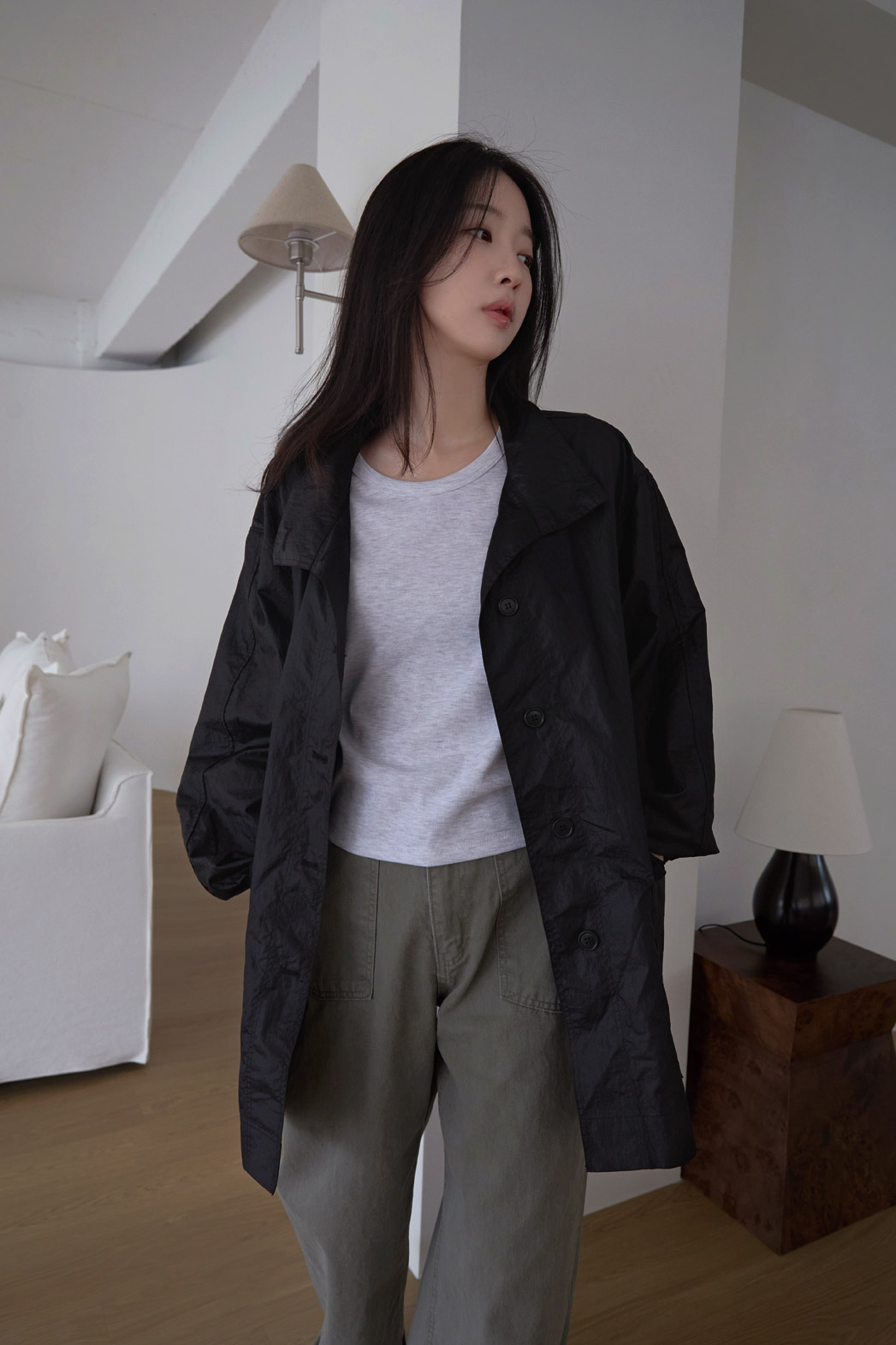 ナイロンハイネックドローコードミドル無地ジャンパー春夏秋 | 詳細画像4