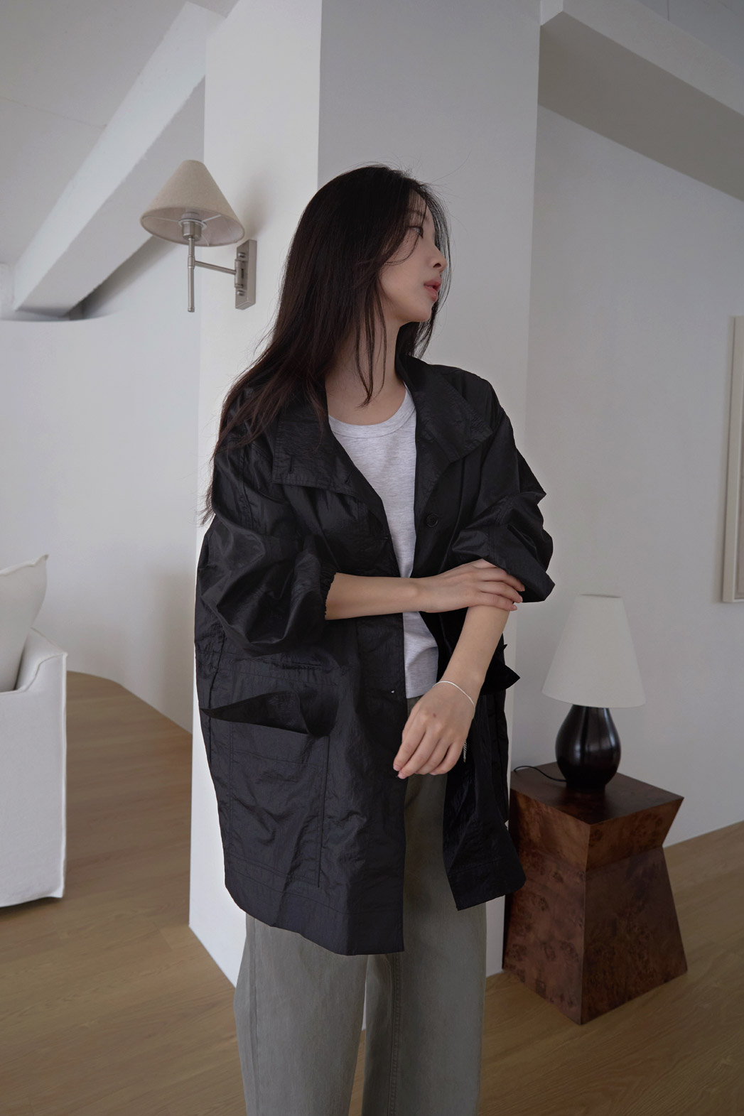 ナイロンハイネックドローコードミドル無地ジャンパー春夏秋 | 詳細画像5