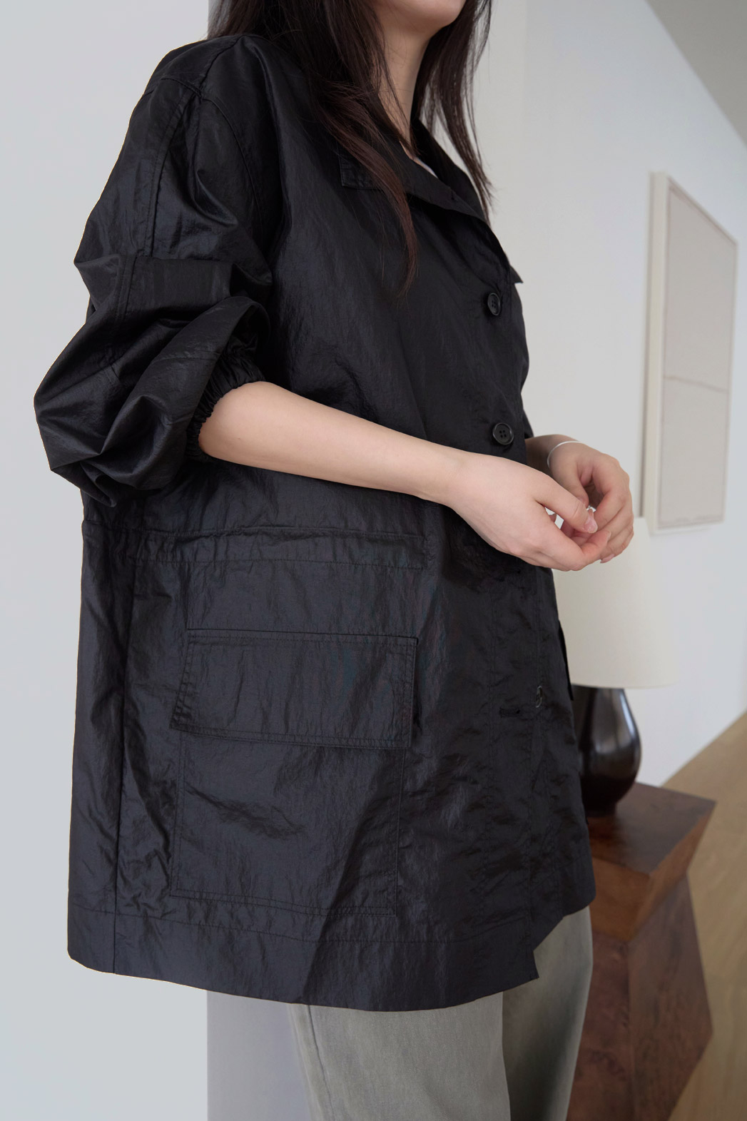 ナイロンハイネックドローコードミドル無地ジャンパー春夏秋 | 詳細画像9