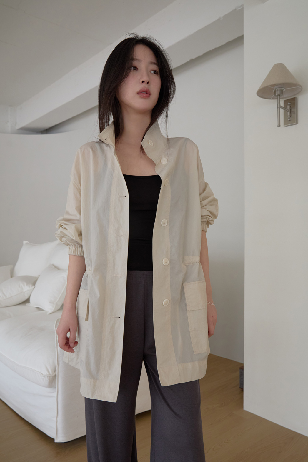 ナイロンハイネックドローコードミドル無地ジャンパー春夏秋 | 詳細画像30