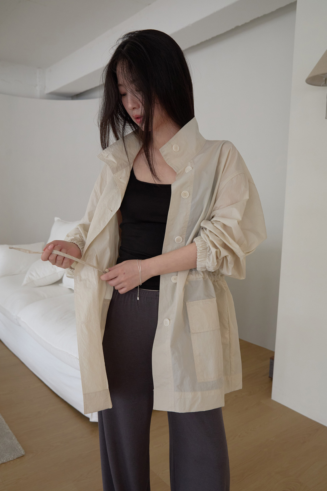 ナイロンハイネックドローコードミドル無地ジャンパー春夏秋 | 詳細画像31