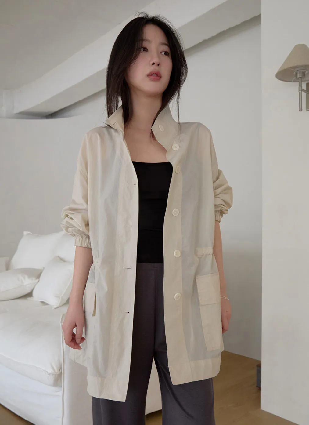 ナイロンハイネックドローコードミドル無地ジャンパー春夏秋 | 詳細画像1