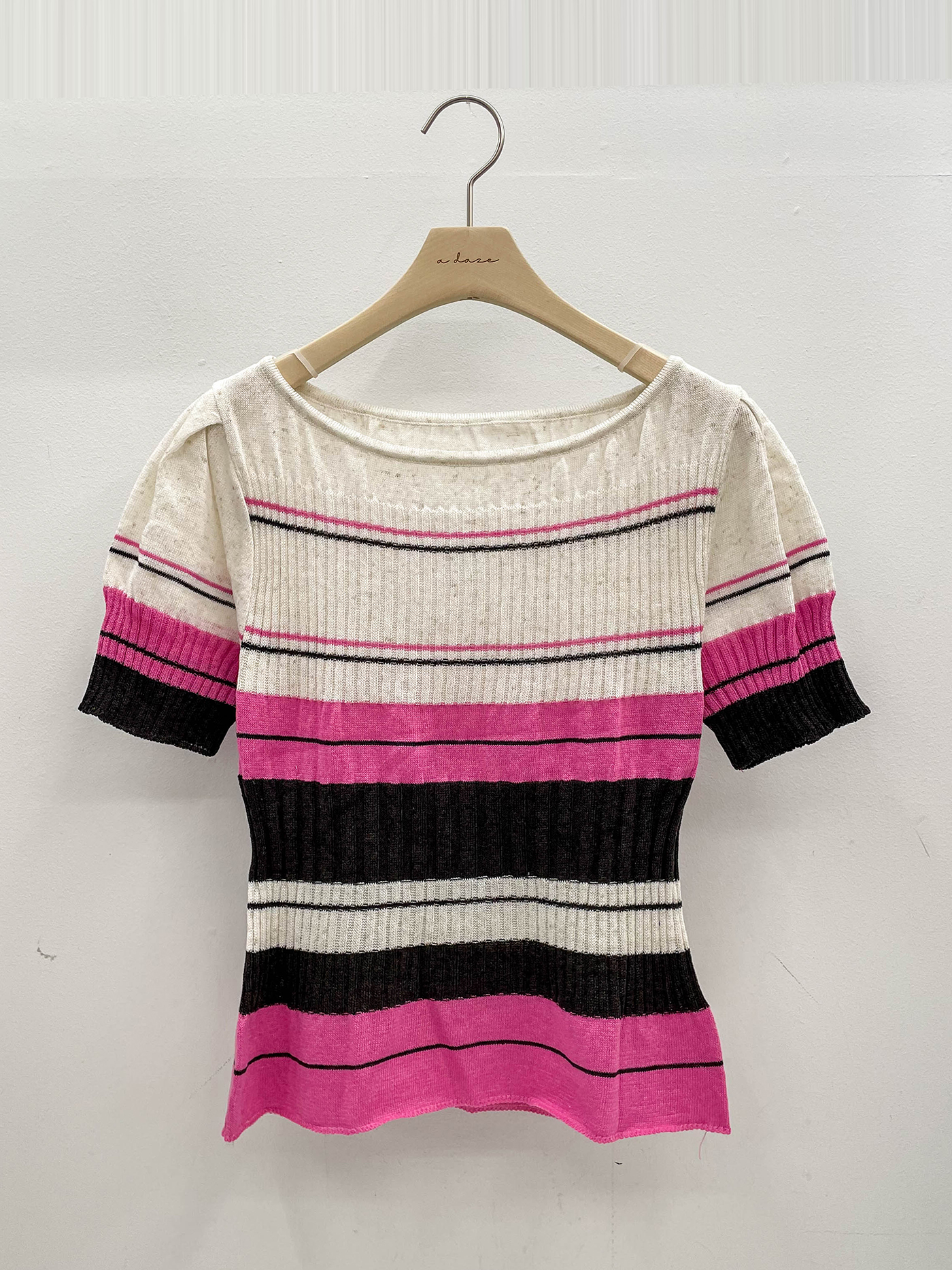 リネン混ラウンドネック半袖ボーダー配色ニット | 詳細画像15