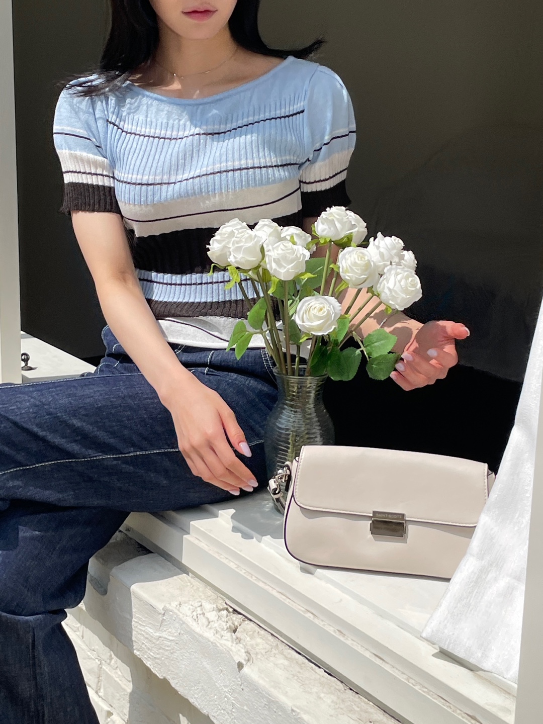 リネン混ラウンドネック半袖ボーダー配色ニット | 詳細画像2