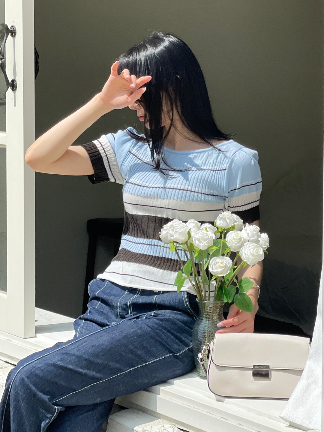 リネン混ラウンドネック半袖ボーダー配色ニット | 詳細画像3