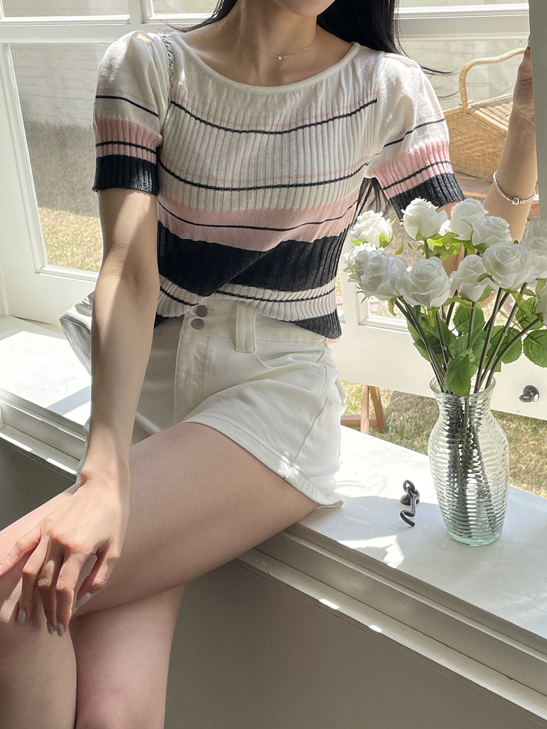 リネン混ラウンドネック半袖ボーダー配色ニット | 詳細画像7