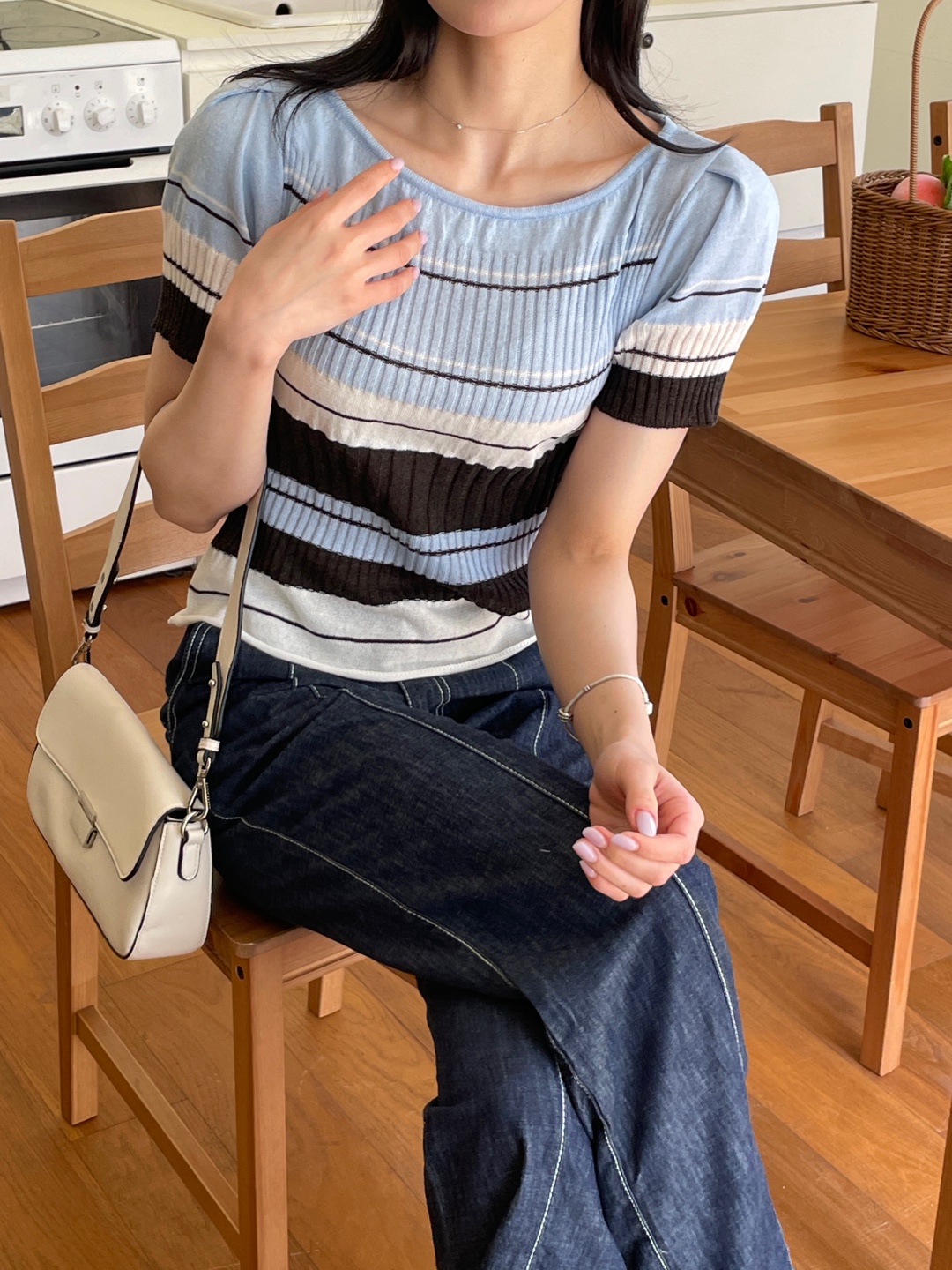 リネン混ラウンドネック半袖ボーダー配色ニット | 詳細画像4