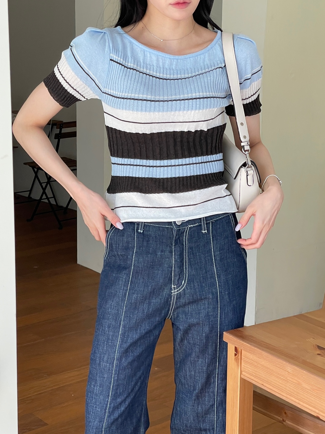 リネン混ラウンドネック半袖ボーダー配色ニット | 詳細画像6