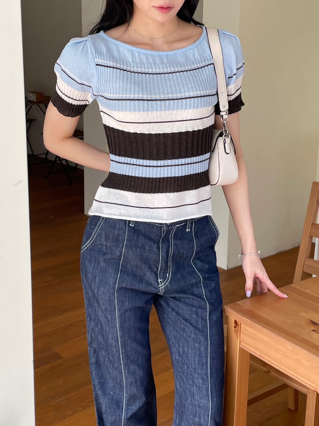 リネン混ラウンドネック半袖ボーダー配色ニット | 詳細画像5