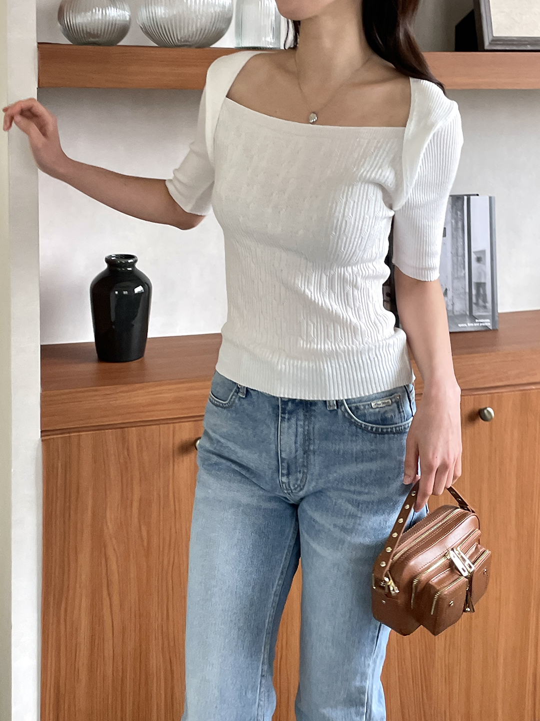 リブレイヤード風ボレロネック半袖ニット | 詳細画像8