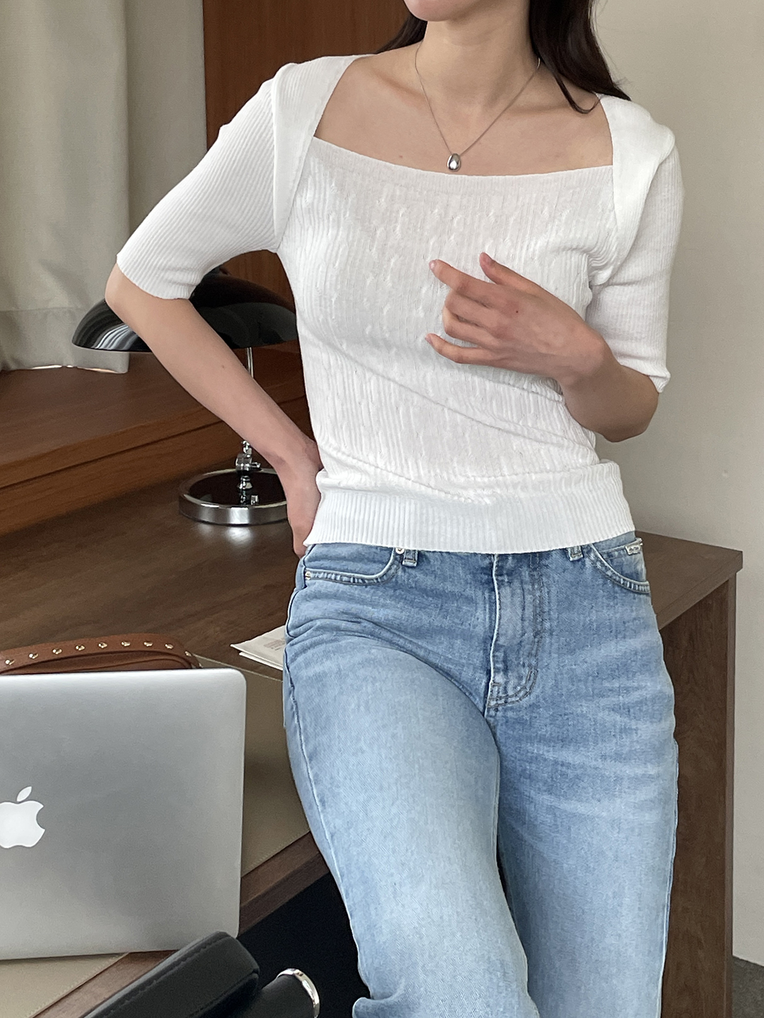 リブレイヤード風ボレロネック半袖ニット | 詳細画像7