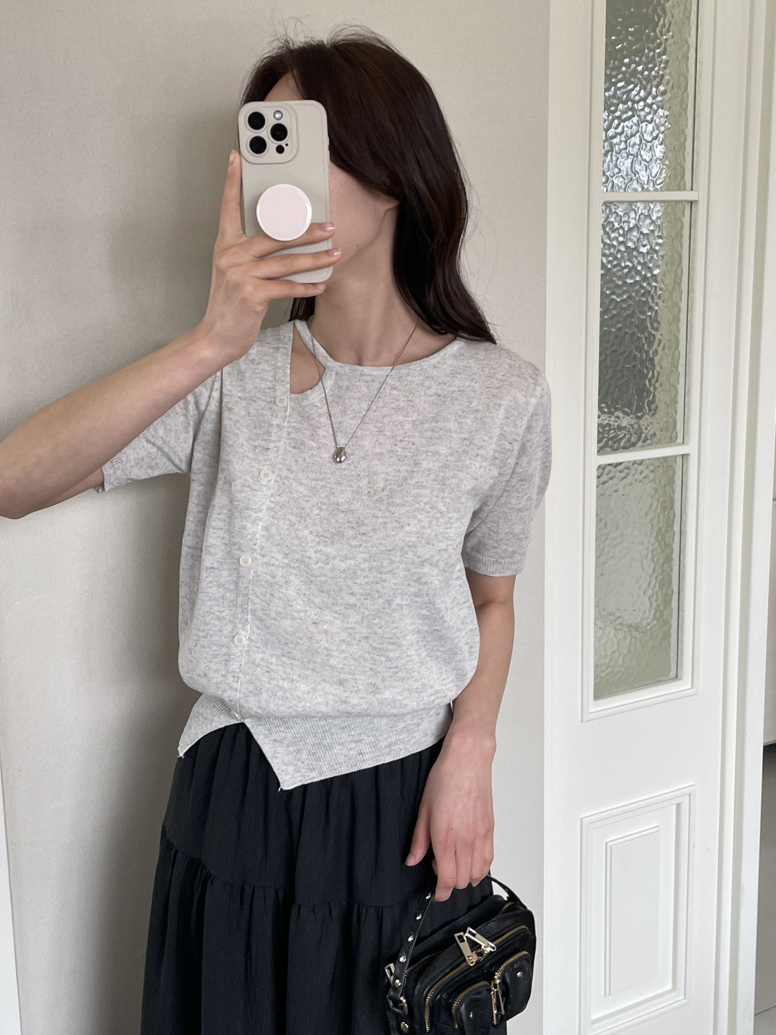 リネン混ラウンドネックスリット半袖フェイクボタンニット | 詳細画像3