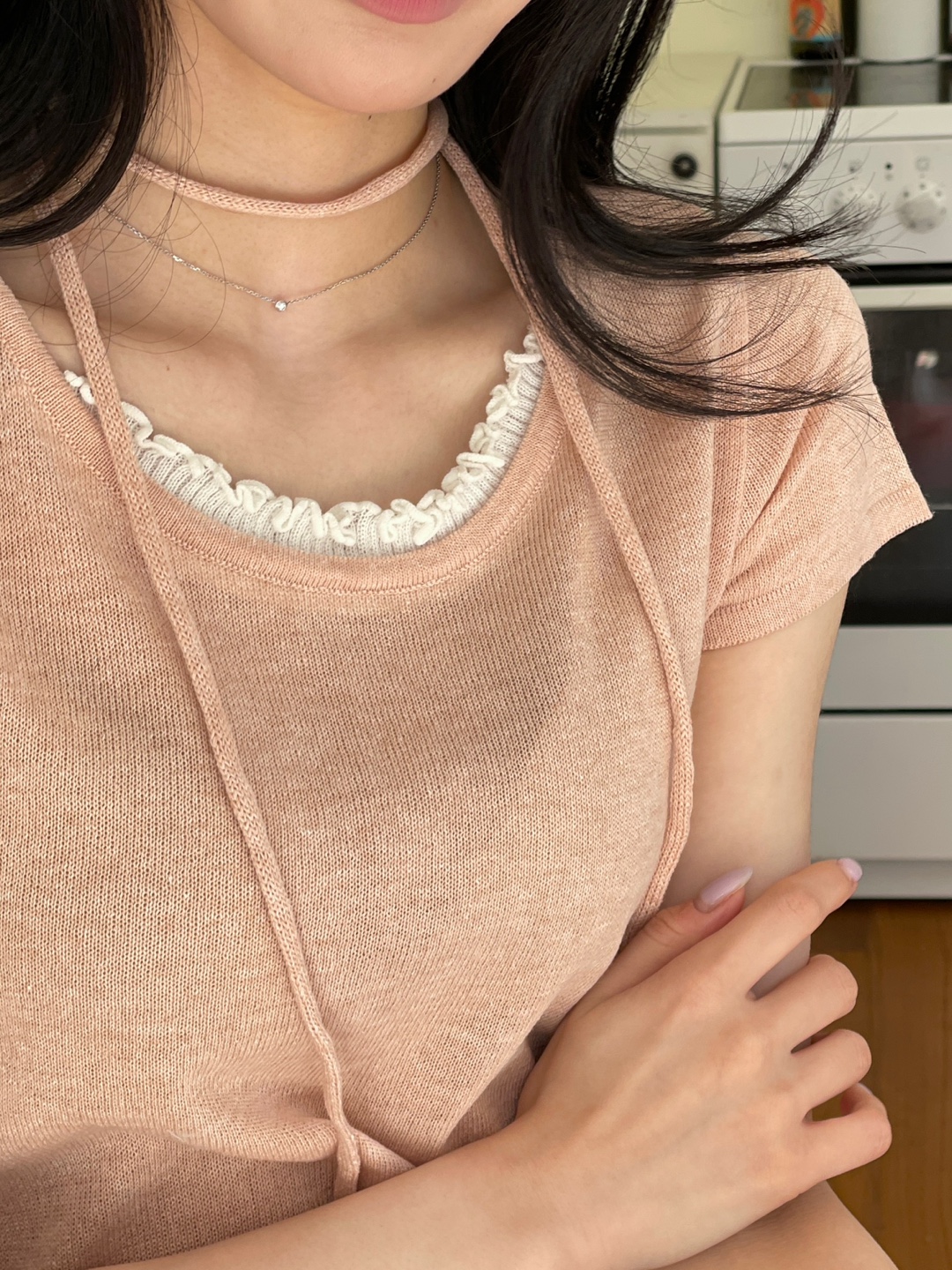 リネン混ラウンドネックフリル半袖ニットストラップ付 | 詳細画像14