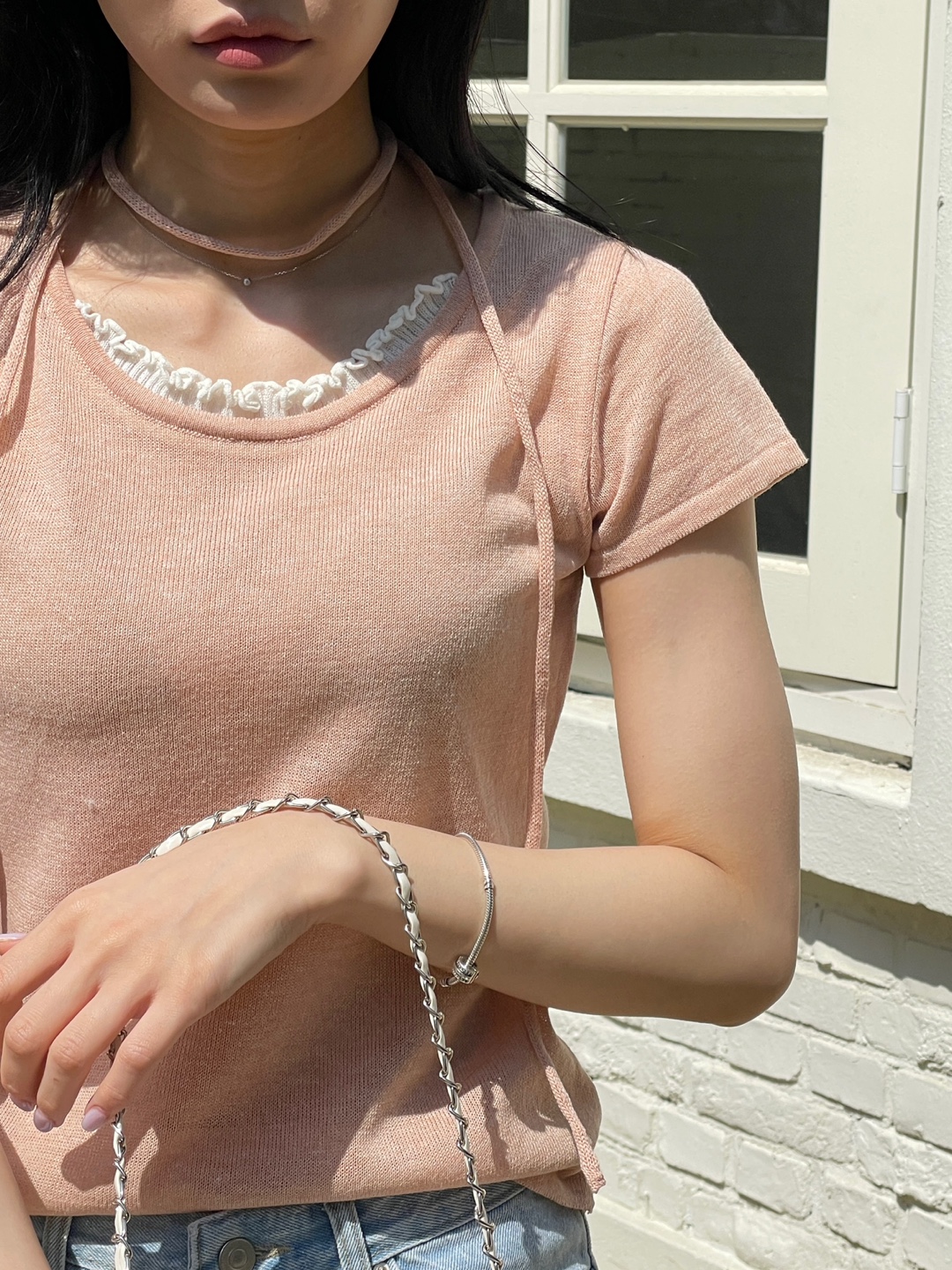 リネン混ラウンドネックフリル半袖ニットストラップ付 | 詳細画像15