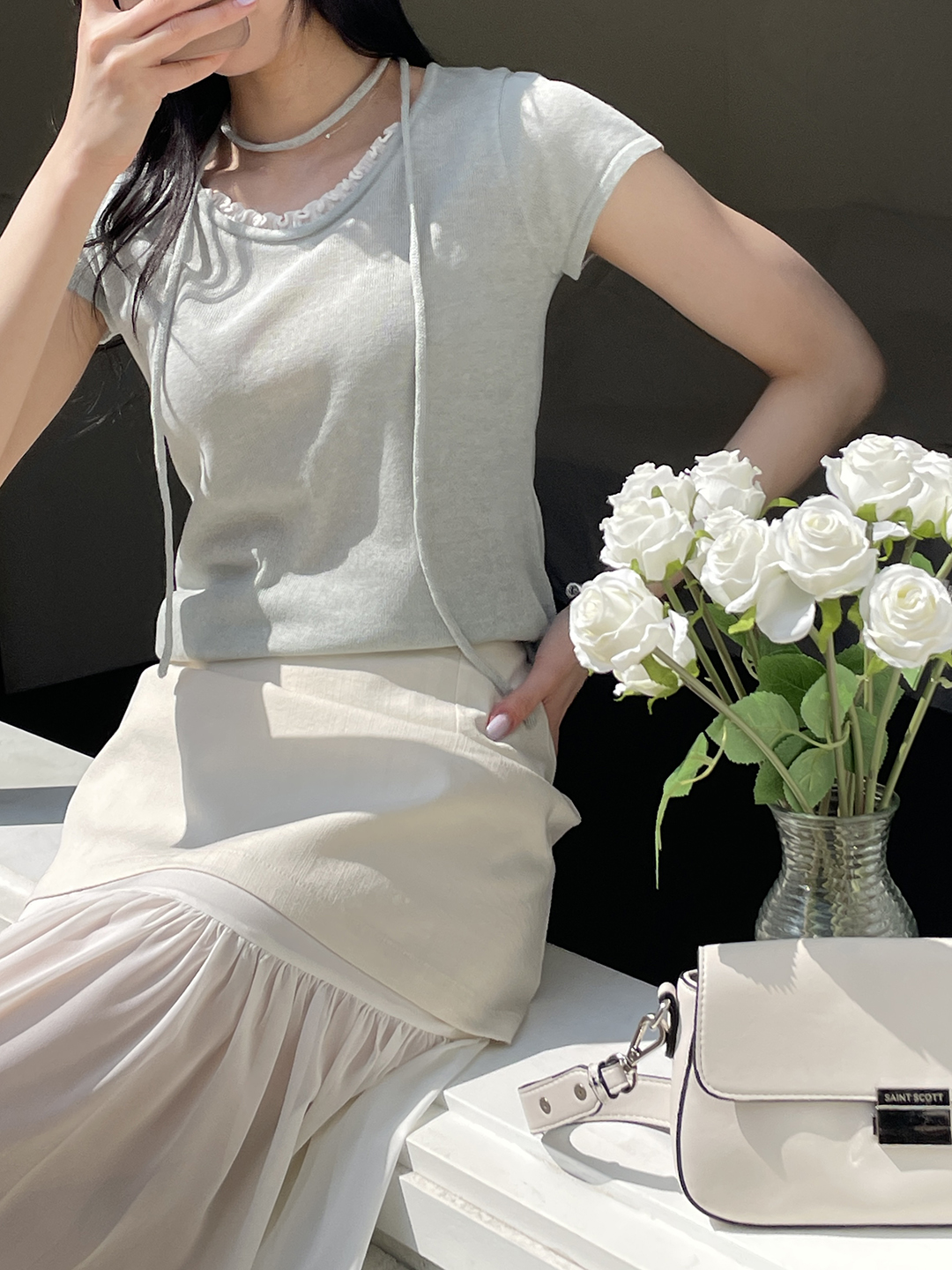 リネン混ラウンドネックフリル半袖ニットストラップ付 | 詳細画像7