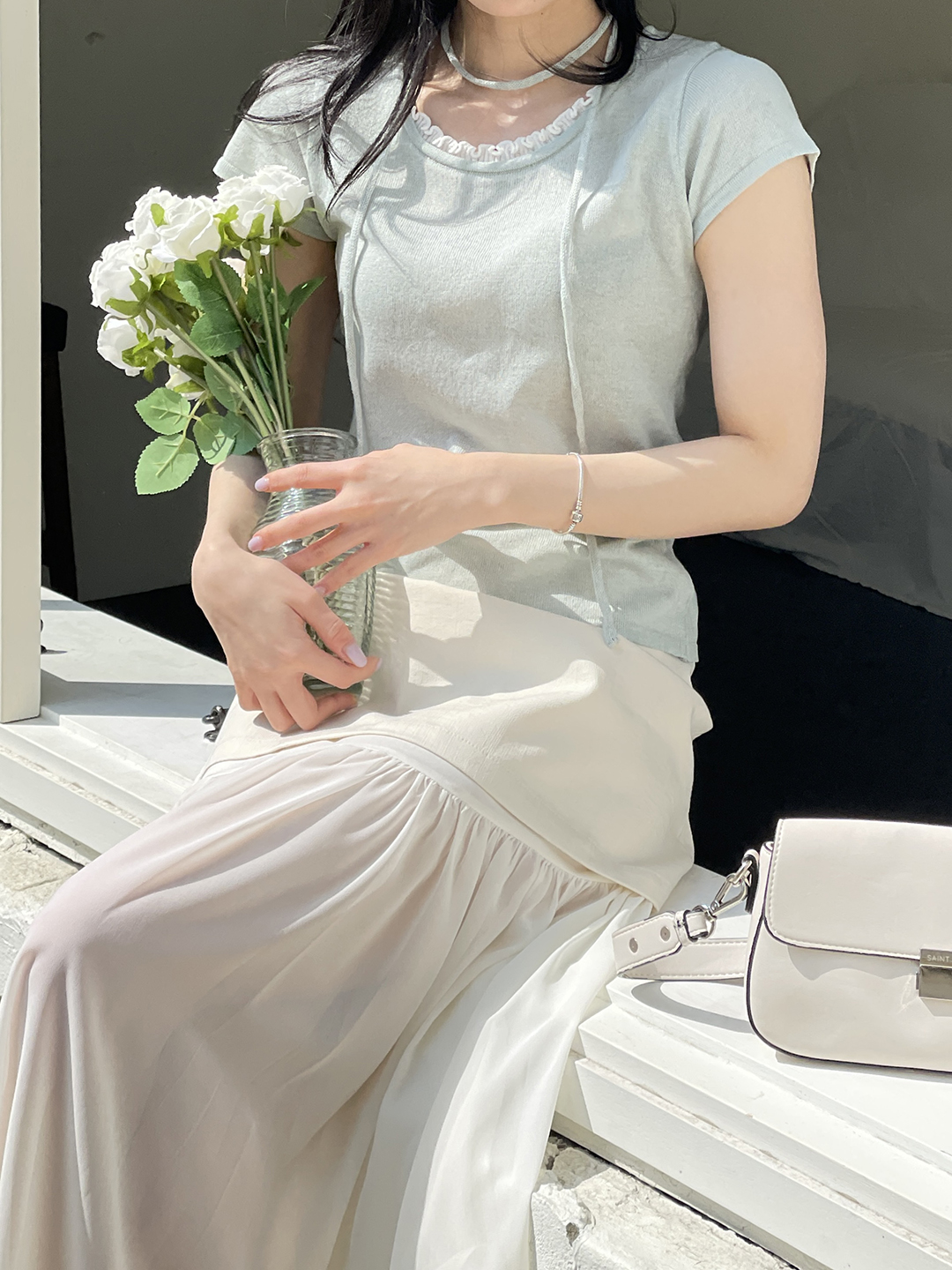 リネン混ラウンドネックフリル半袖ニットストラップ付 | 詳細画像8