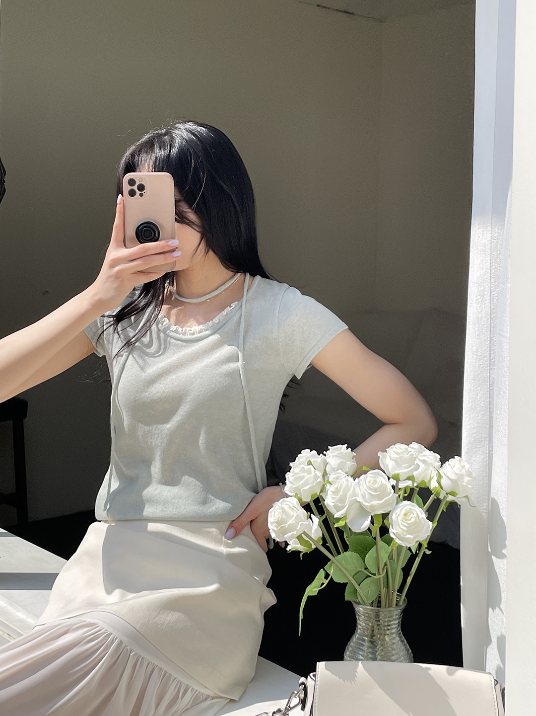 リネン混ラウンドネックフリル半袖ニットストラップ付 | 詳細画像9