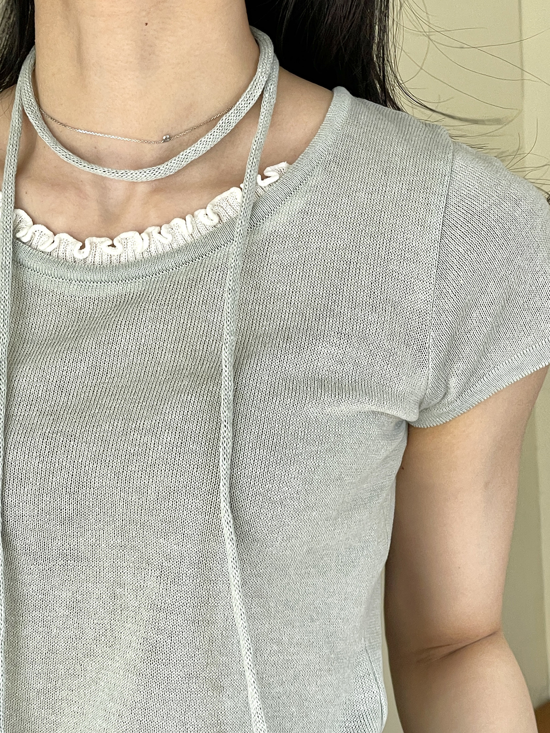 リネン混ラウンドネックフリル半袖ニットストラップ付 | 詳細画像11