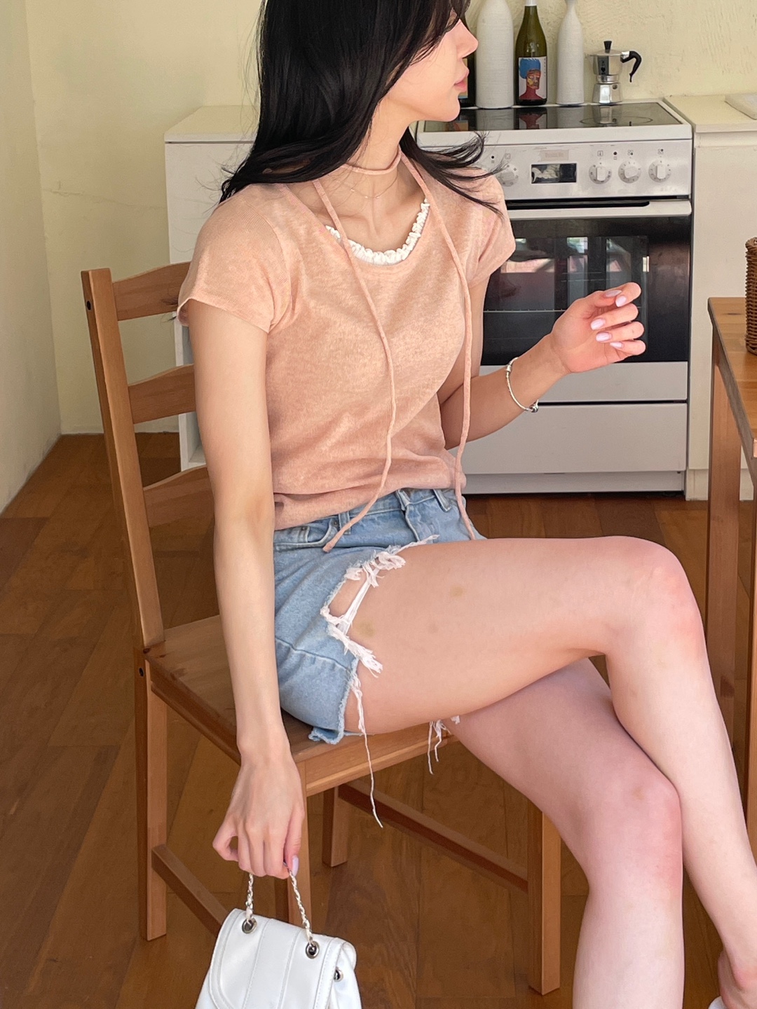 リネン混ラウンドネックフリル半袖ニットストラップ付 | 詳細画像12