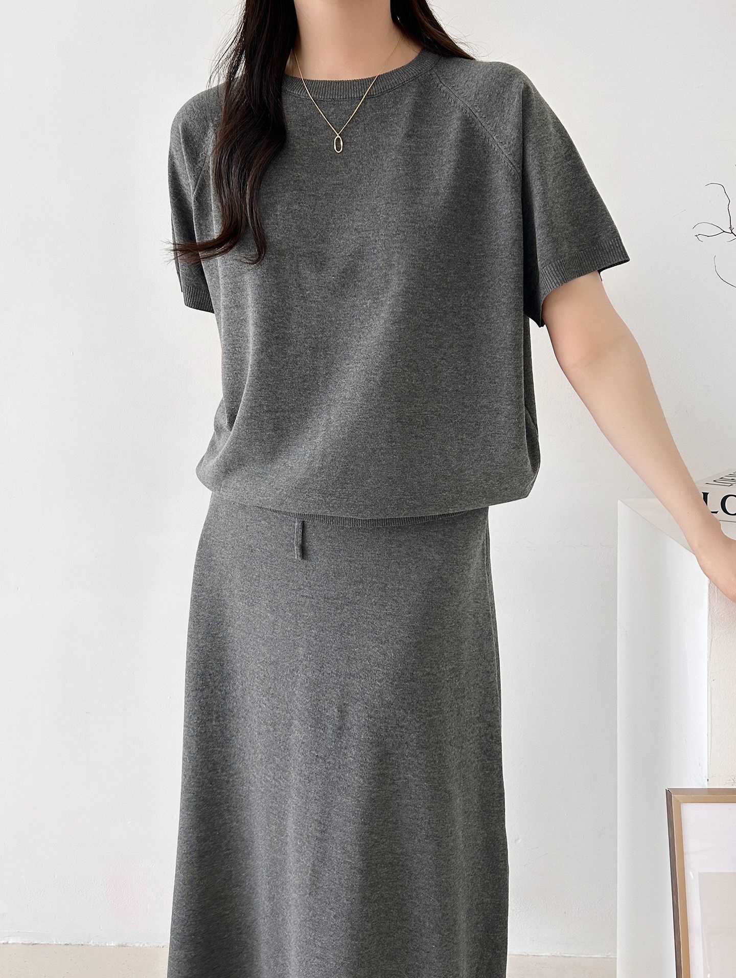 ラウンドネックシンプルベーシックウエストゴムラグランロング半袖無地セットアップスカートニット | 詳細画像16