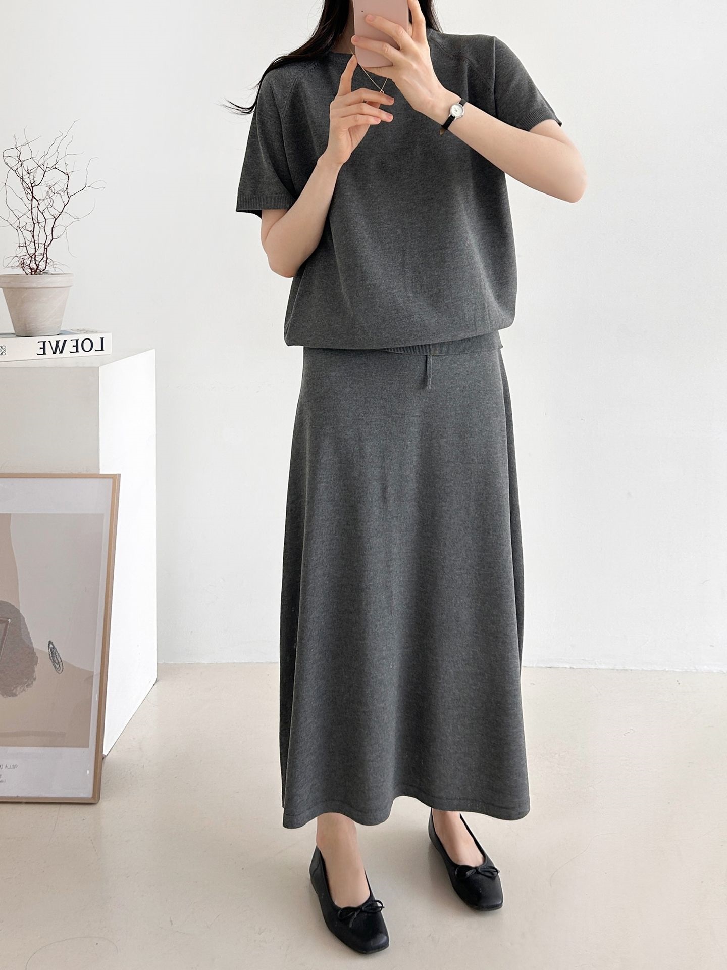 ラウンドネックシンプルベーシックウエストゴムラグランロング半袖無地セットアップスカートニット | 詳細画像14