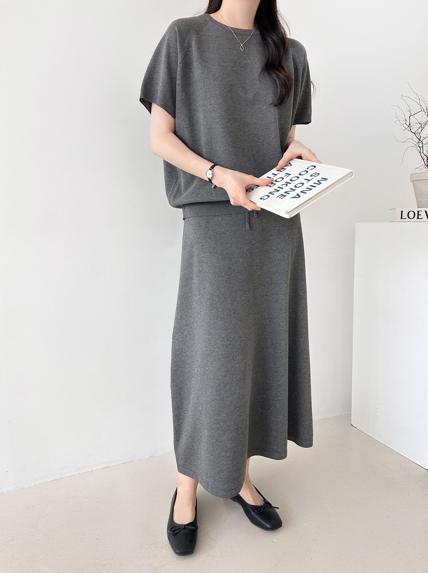 ラウンドネックシンプルベーシックウエストゴムラグランロング半袖無地セットアップスカートニット | 詳細画像13