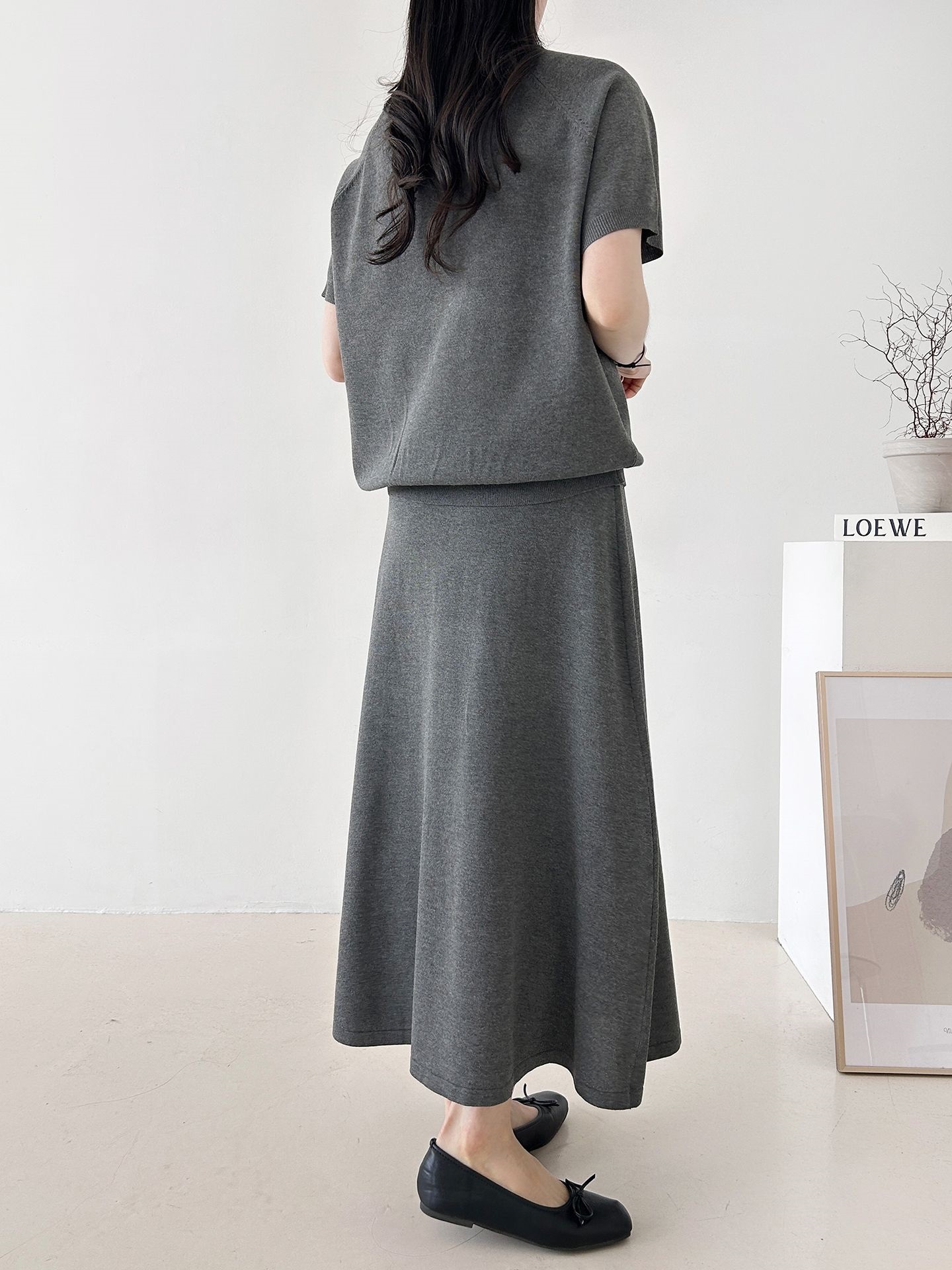 ラウンドネックシンプルベーシックウエストゴムラグランロング半袖無地セットアップスカートニット | 詳細画像17