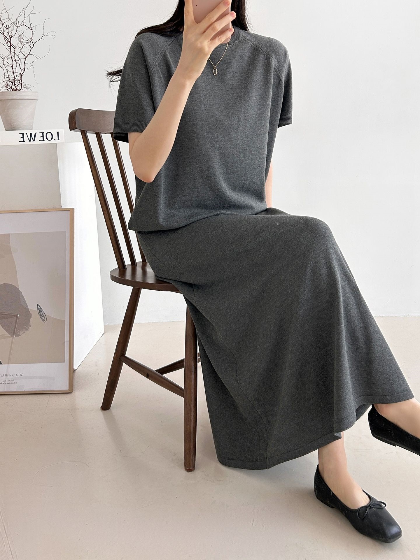 ラウンドネックシンプルベーシックウエストゴムラグランロング半袖無地セットアップスカートニット | 詳細画像21