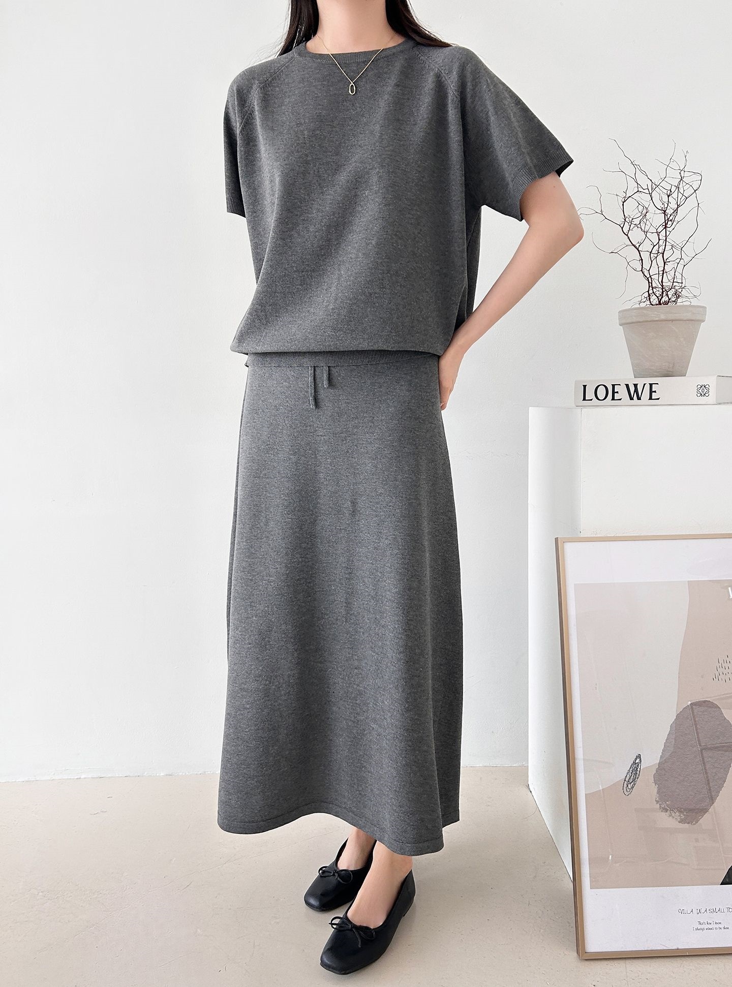 ラウンドネックシンプルベーシックウエストゴムラグランロング半袖無地セットアップスカートニット | 詳細画像20