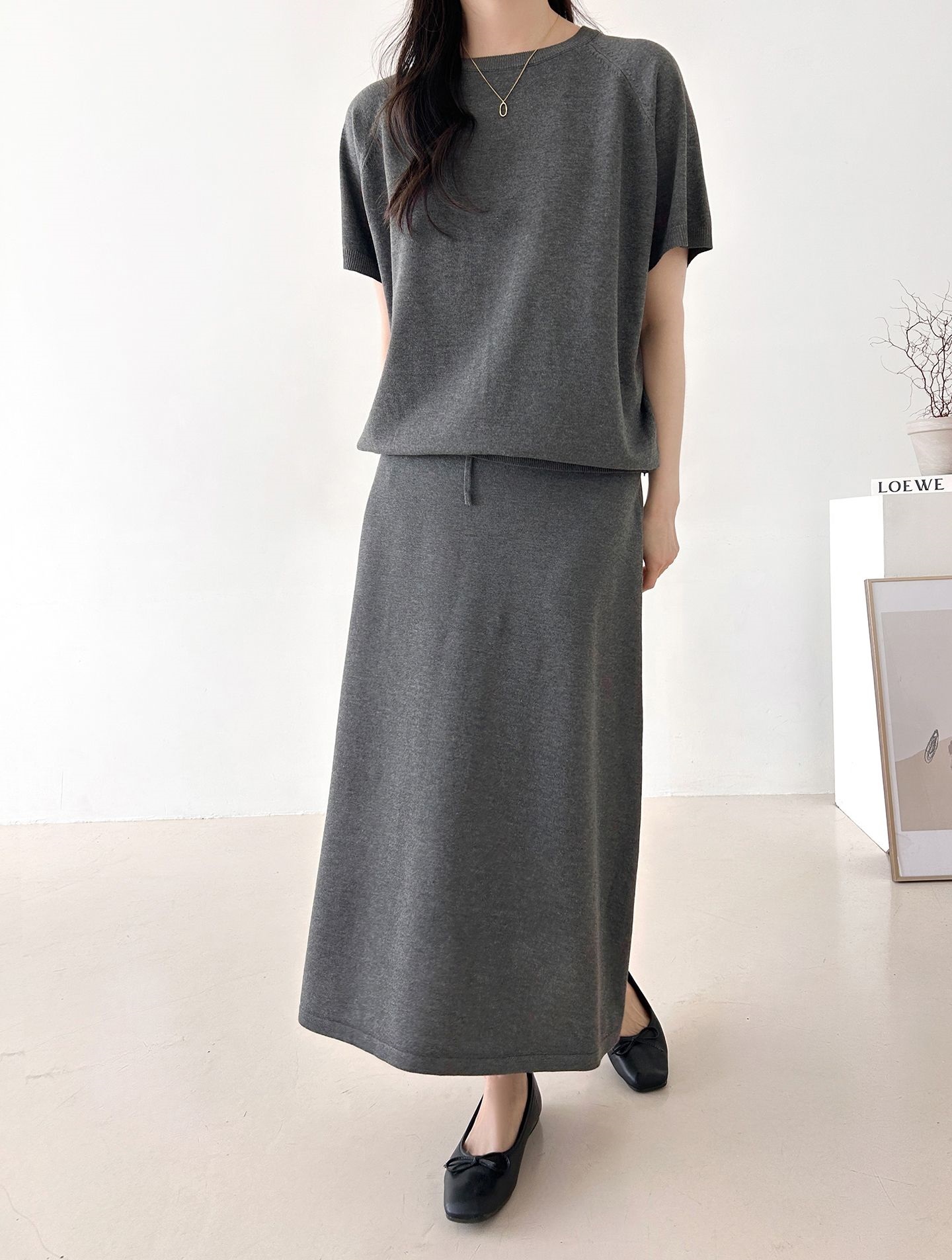 ラウンドネックシンプルベーシックウエストゴムラグランロング半袖無地セットアップスカートニット | 詳細画像19