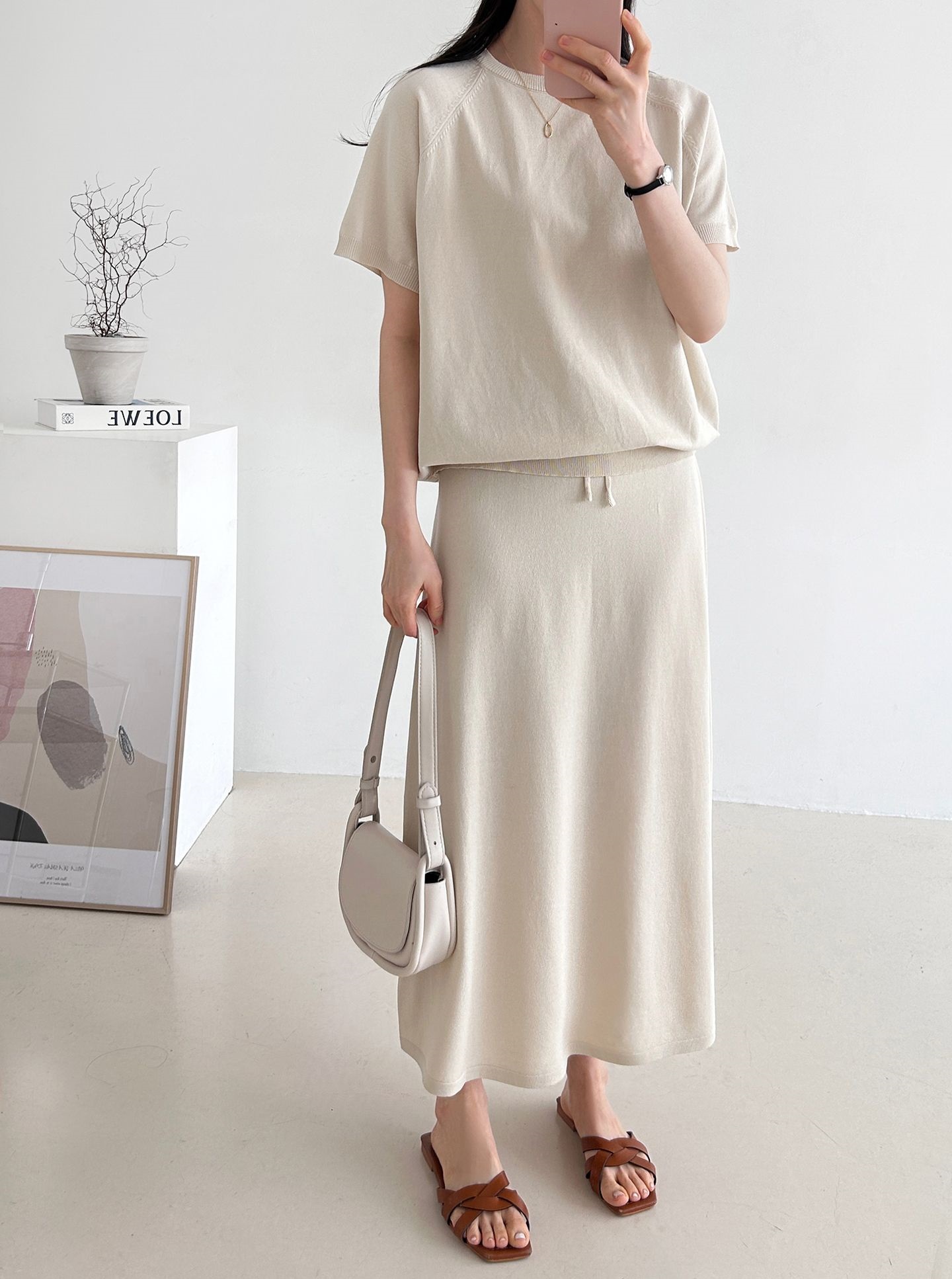 ラウンドネックシンプルベーシックウエストゴムラグランロング半袖無地セットアップスカートニット | 詳細画像6