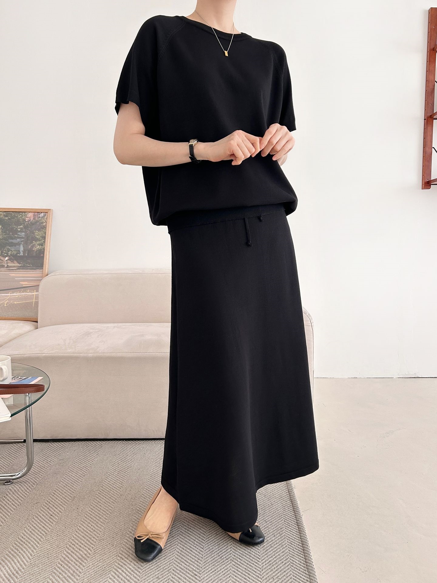 ラウンドネックシンプルベーシックウエストゴムラグランロング半袖無地セットアップスカートニット | 詳細画像22