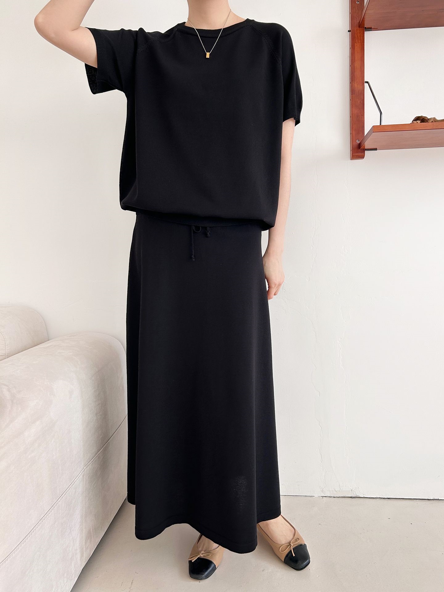 ラウンドネックシンプルベーシックウエストゴムラグランロング半袖無地セットアップスカートニット | 詳細画像23