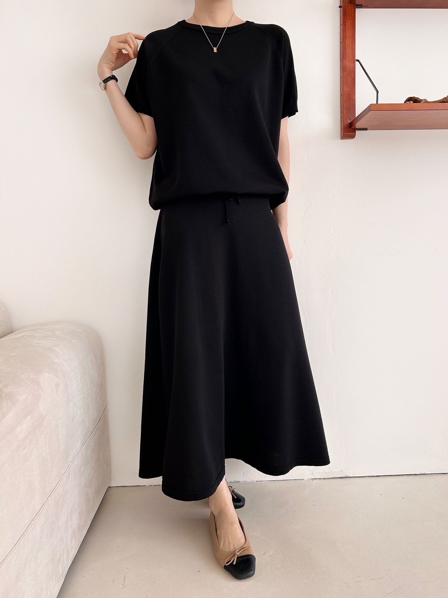 ラウンドネックシンプルベーシックウエストゴムラグランロング半袖無地セットアップスカートニット | 詳細画像24