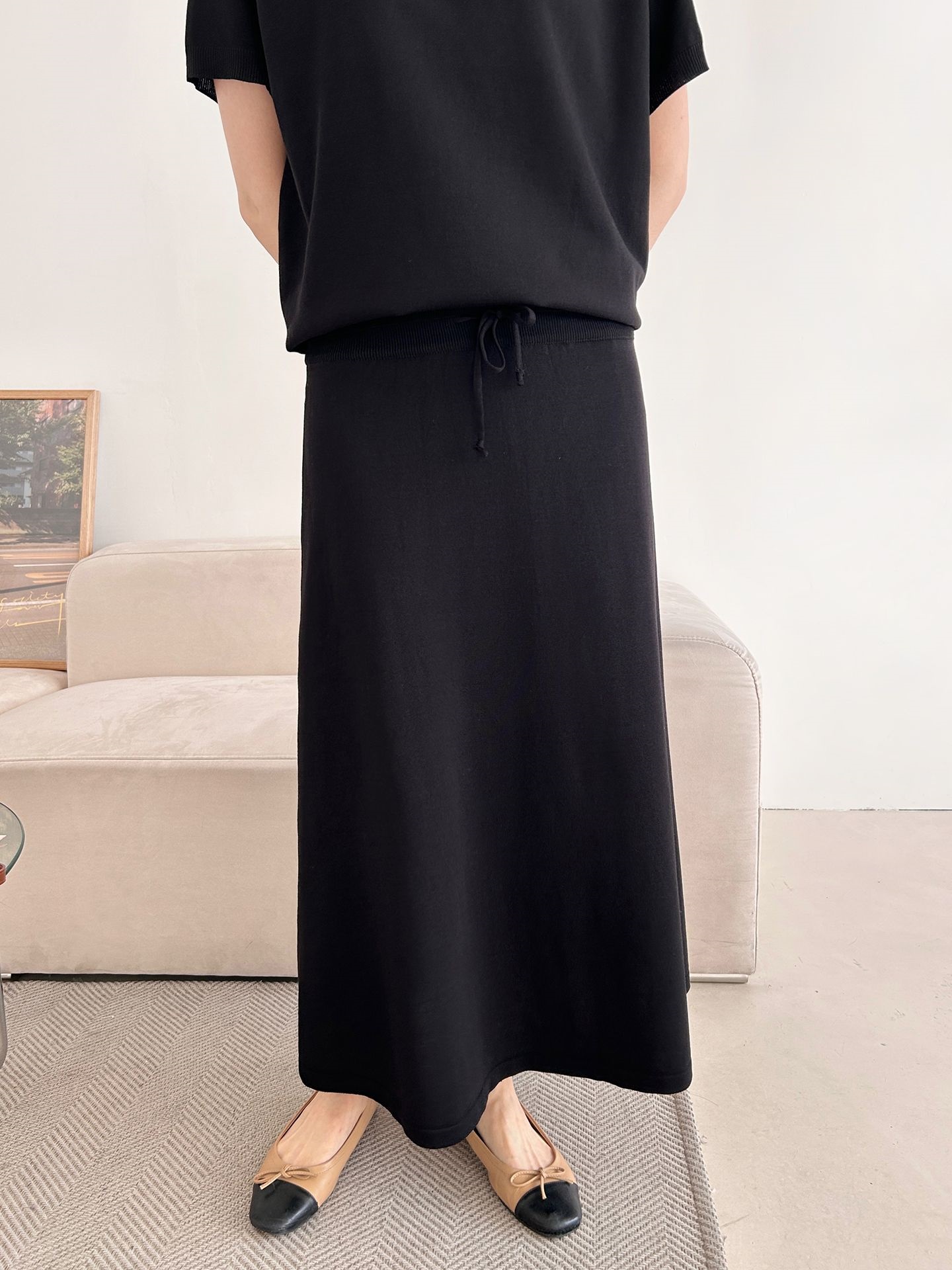 ラウンドネックシンプルベーシックウエストゴムラグランロング半袖無地セットアップスカートニット | 詳細画像25