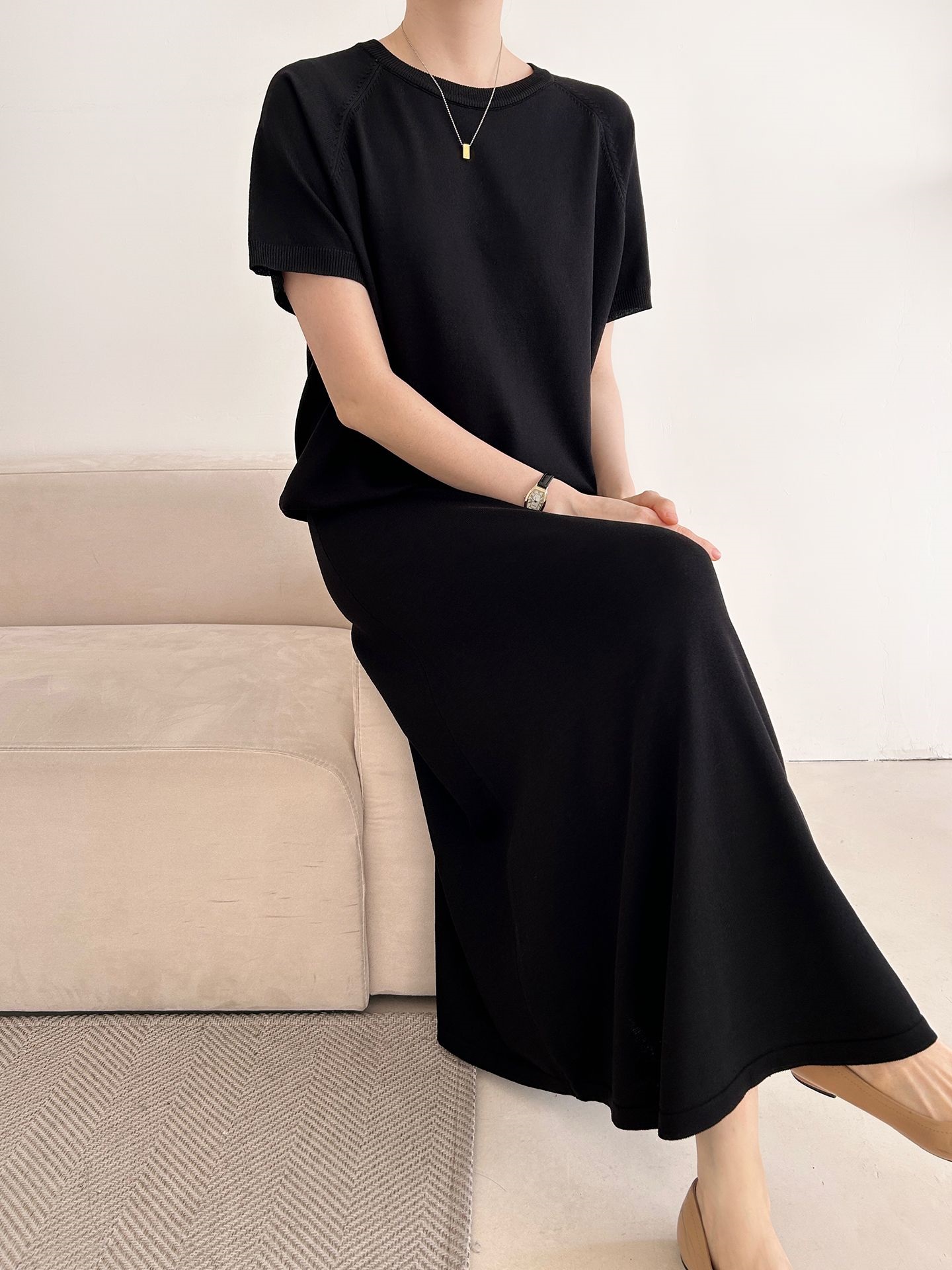 ラウンドネックシンプルベーシックウエストゴムラグランロング半袖無地セットアップスカートニット | 詳細画像26