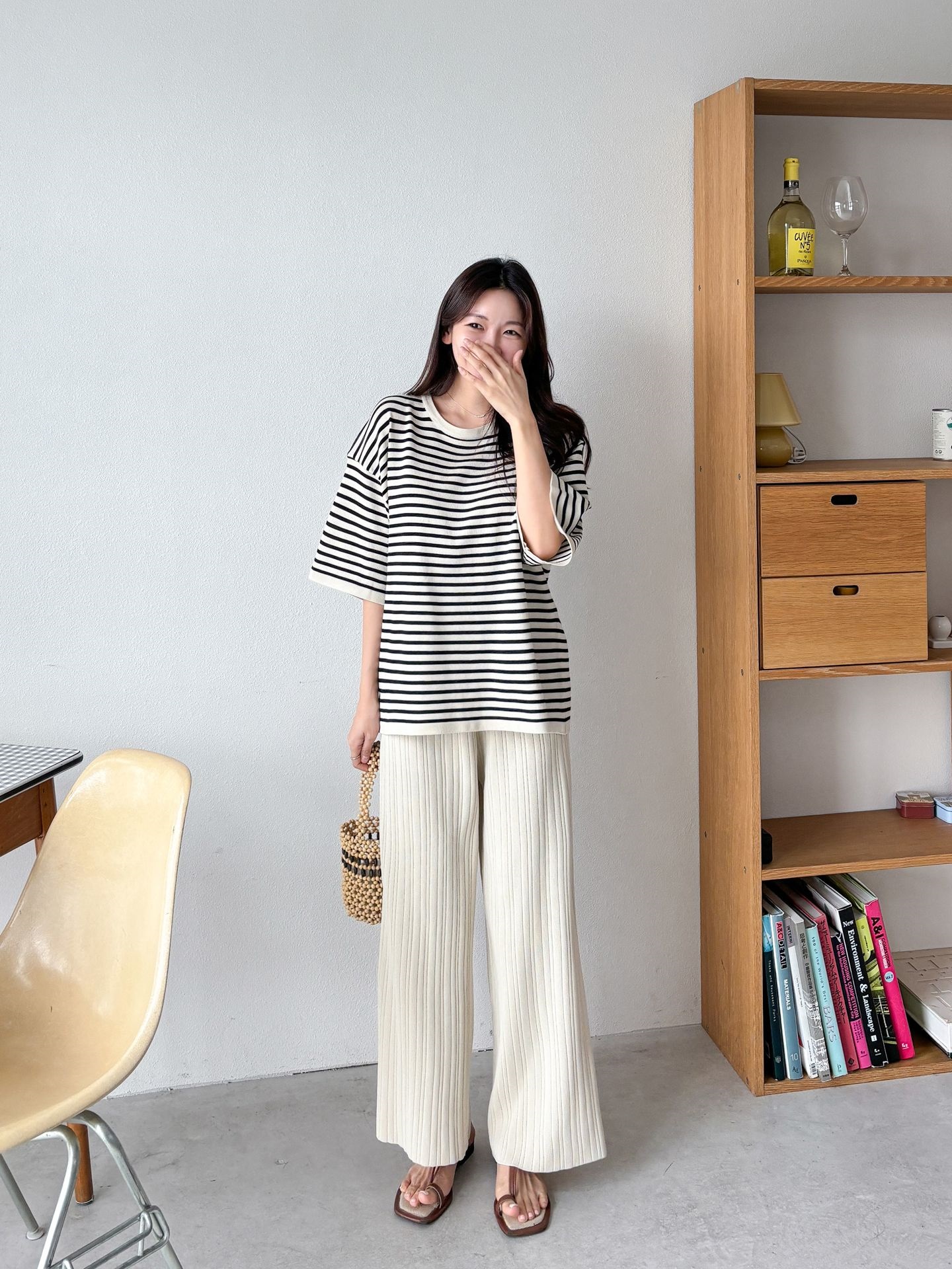 ラウンドネックウエストゴム半袖ボーダーセットアップパンツニット | 詳細画像4