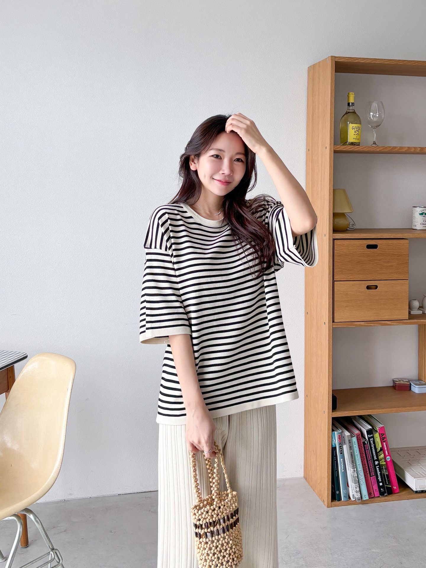 ラウンドネックウエストゴム半袖ボーダーセットアップパンツニット | 詳細画像6