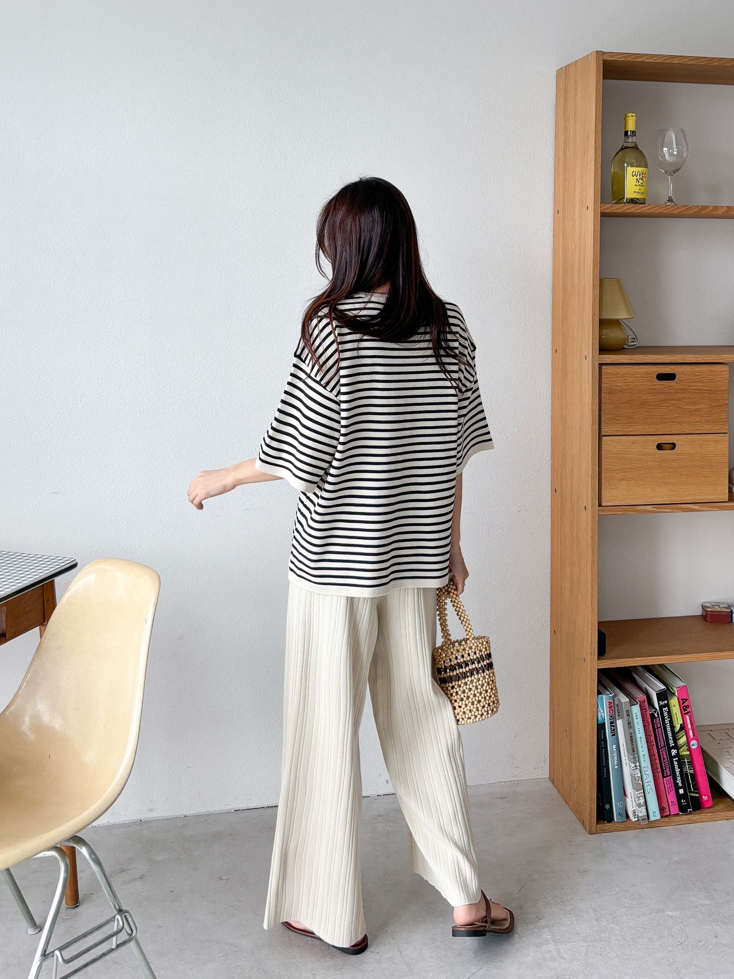 ラウンドネックウエストゴム半袖ボーダーセットアップパンツニット | 詳細画像8