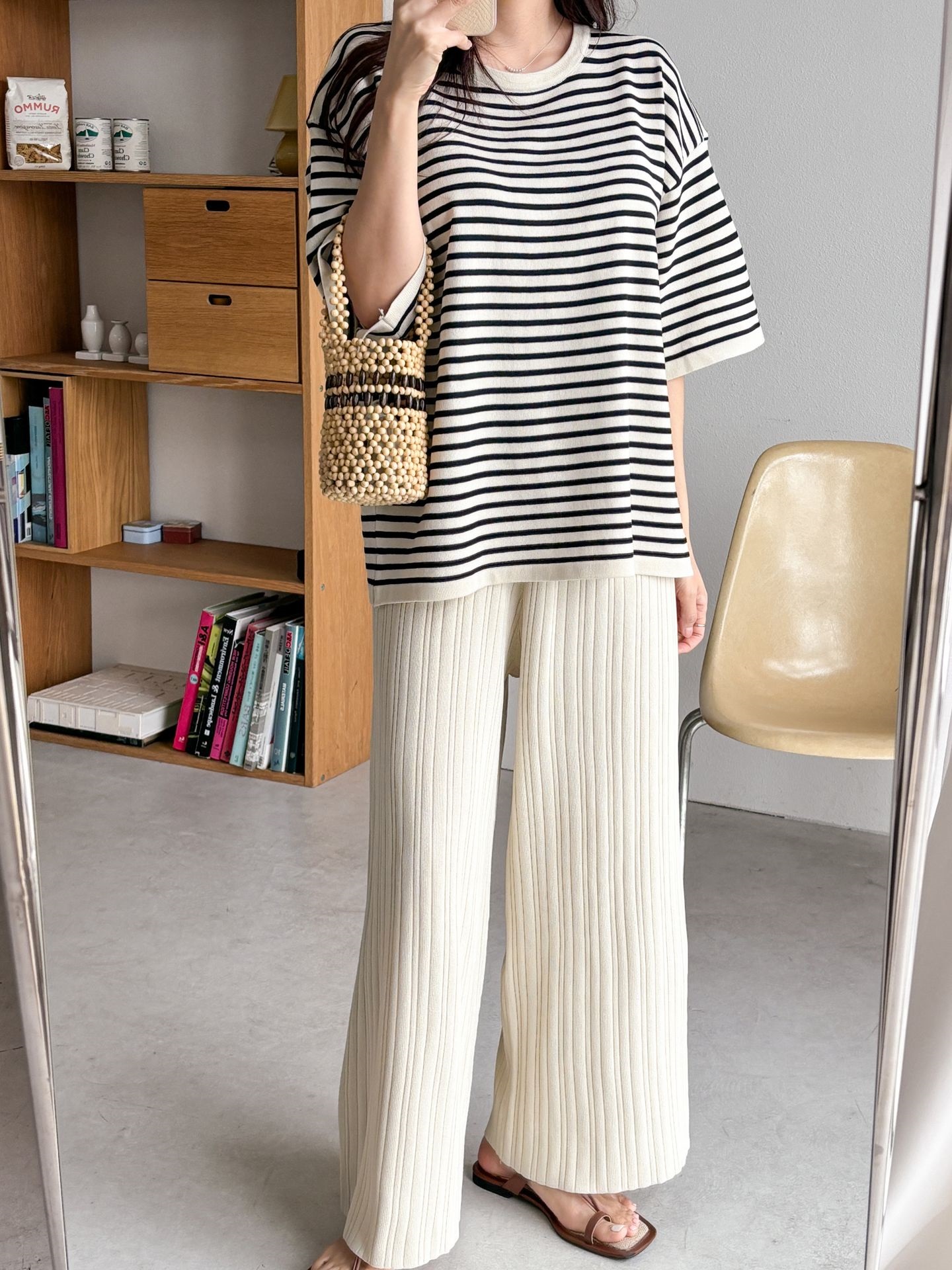 ラウンドネックウエストゴム半袖ボーダーセットアップパンツニット | 詳細画像14