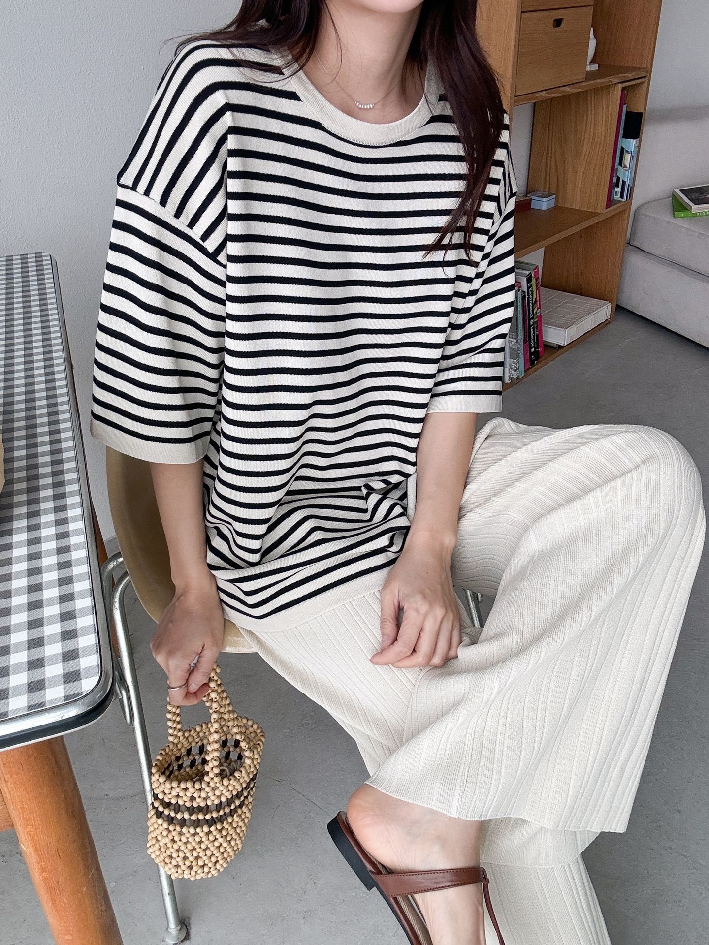 ラウンドネックウエストゴム半袖ボーダーセットアップパンツニット | 詳細画像32